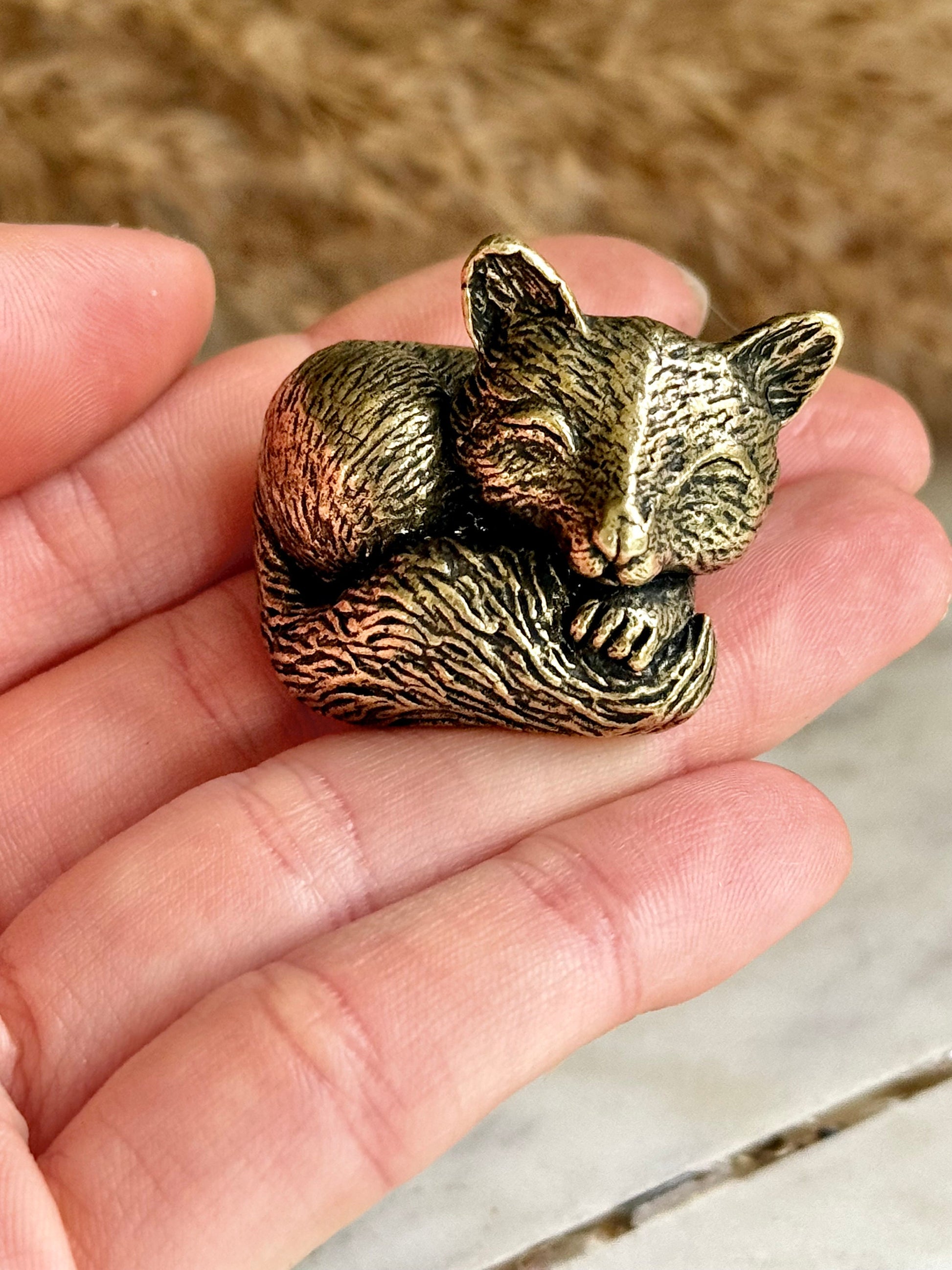 Snuggled fox figurine, solid brass fox miniature, Cuddly fox statuette, warm desktop decor, sleeping fox ornament, best gift for fox lovers