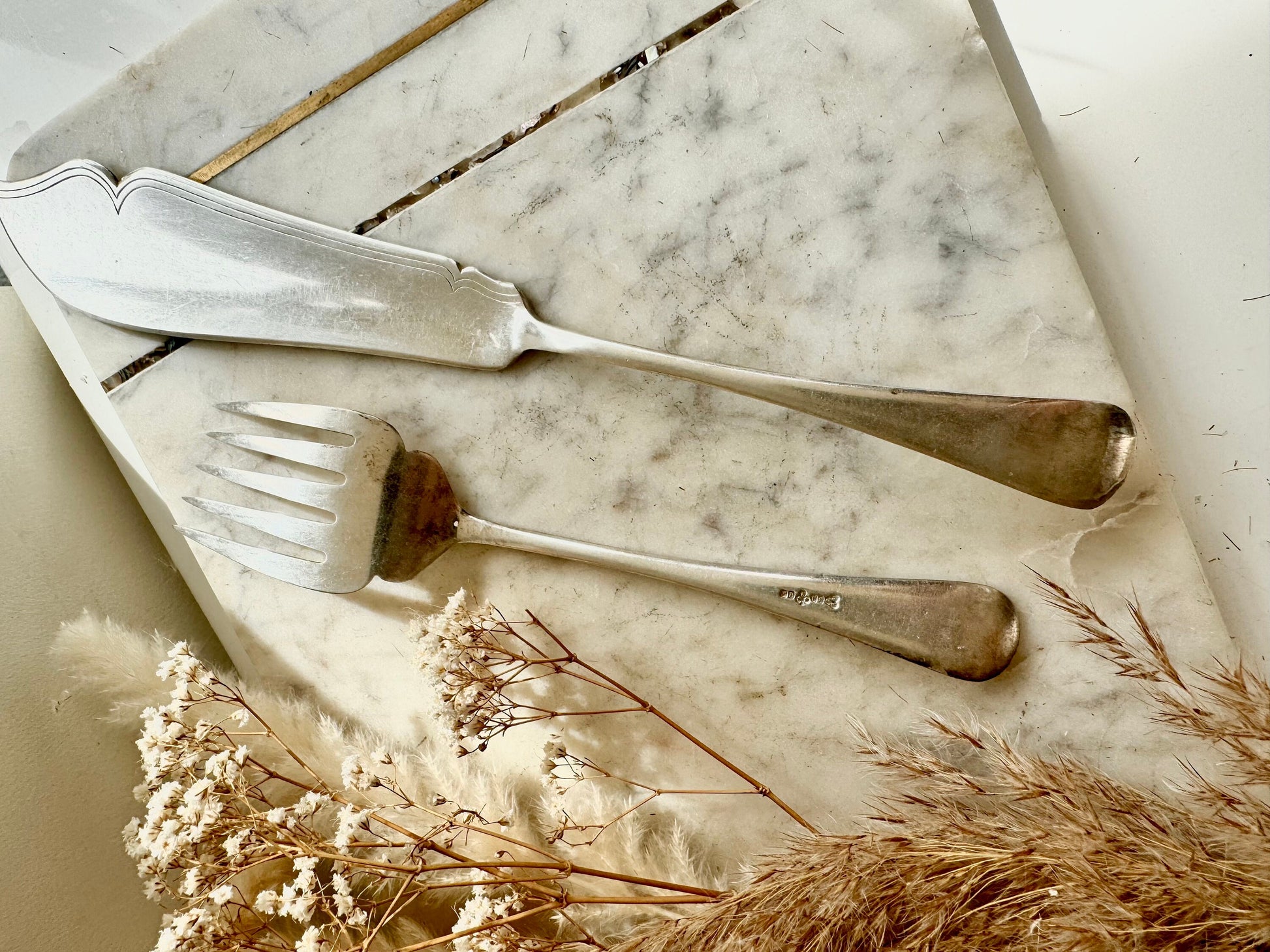 Antique Fish Servers Silver Plated Vintage Pair of Fork and Slice Hanoverian Pattern, Elegant silverware