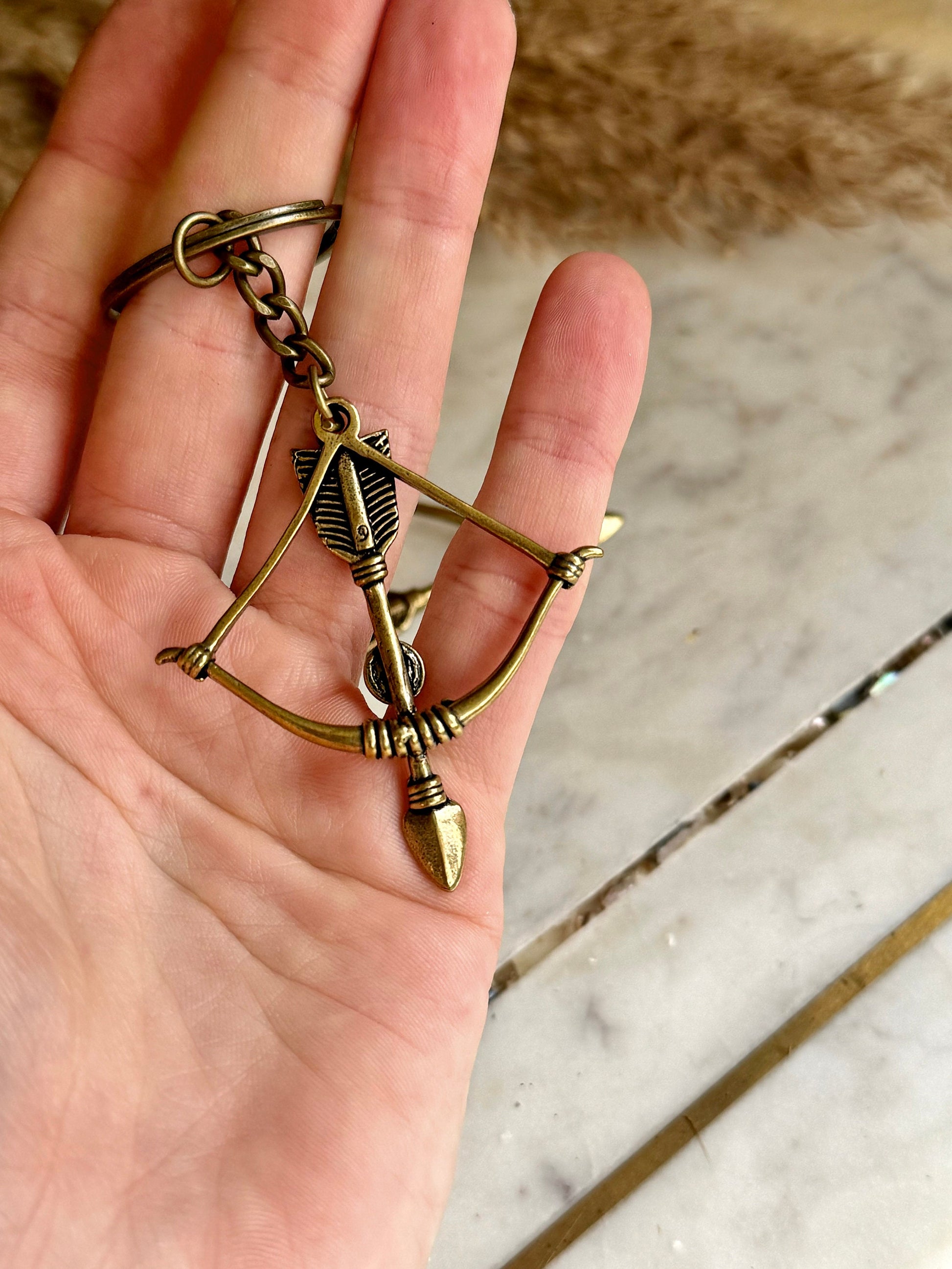 Solid brass Fine Highly Detailed Bow & Arrow Key Ring, Archery Pendant, Warrior Tool Keyring