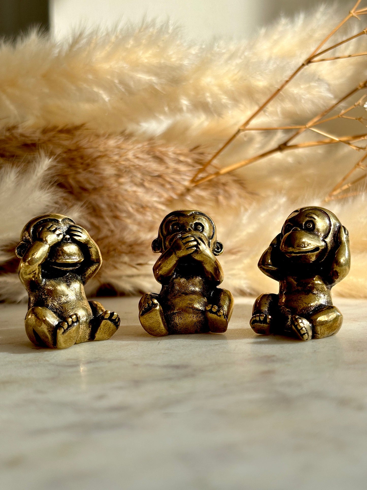 Cute style Three Solid Brass Monkeys Figurines, Miniature Three Wise Monkeys, Monkey Trio, See Hear Speak No Evil Monkeys Sculpture
