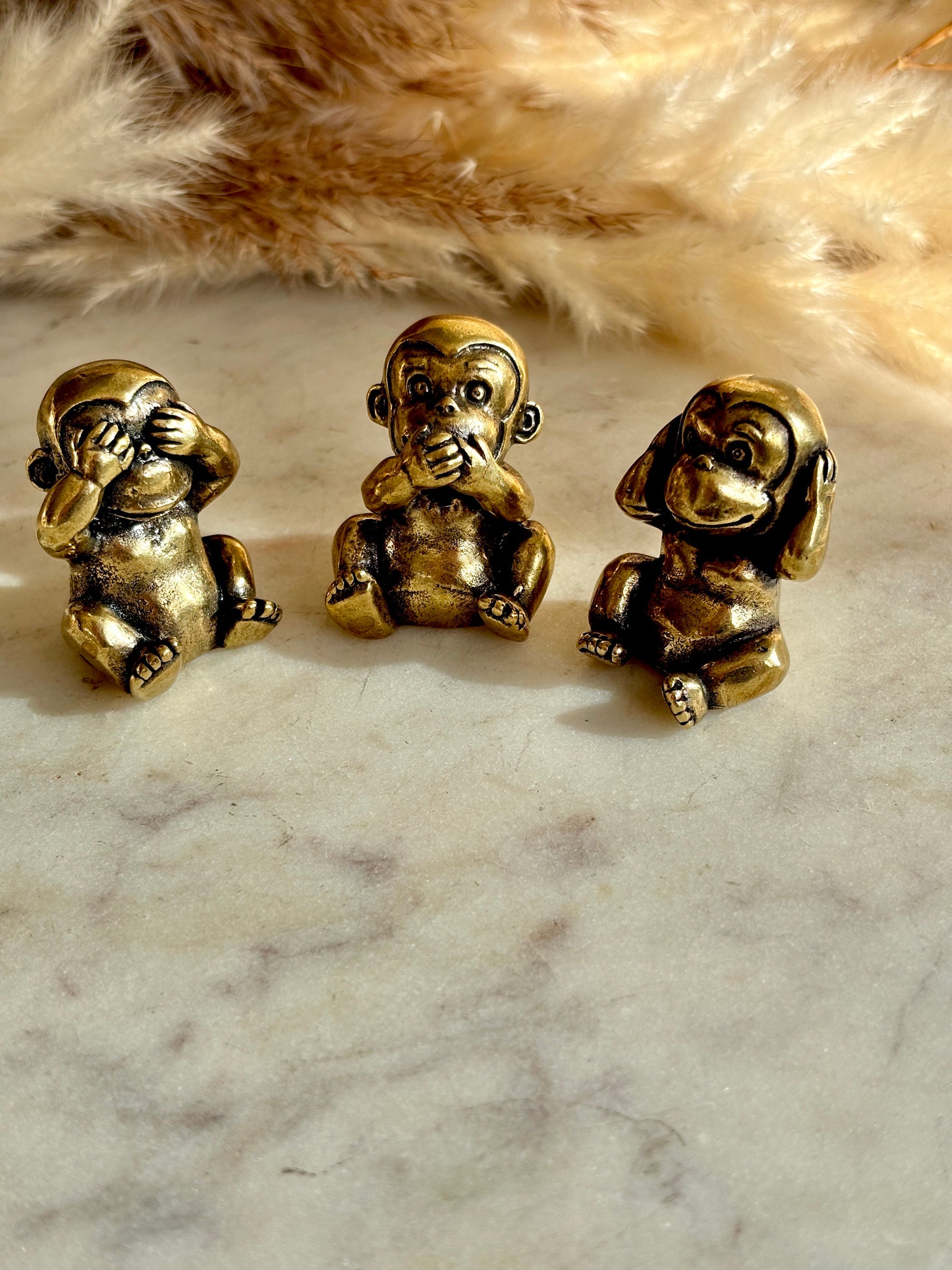 Cute style Three Solid Brass Monkeys Figurines, Miniature Three Wise Monkeys, Monkey Trio, See Hear Speak No Evil Monkeys Sculpture