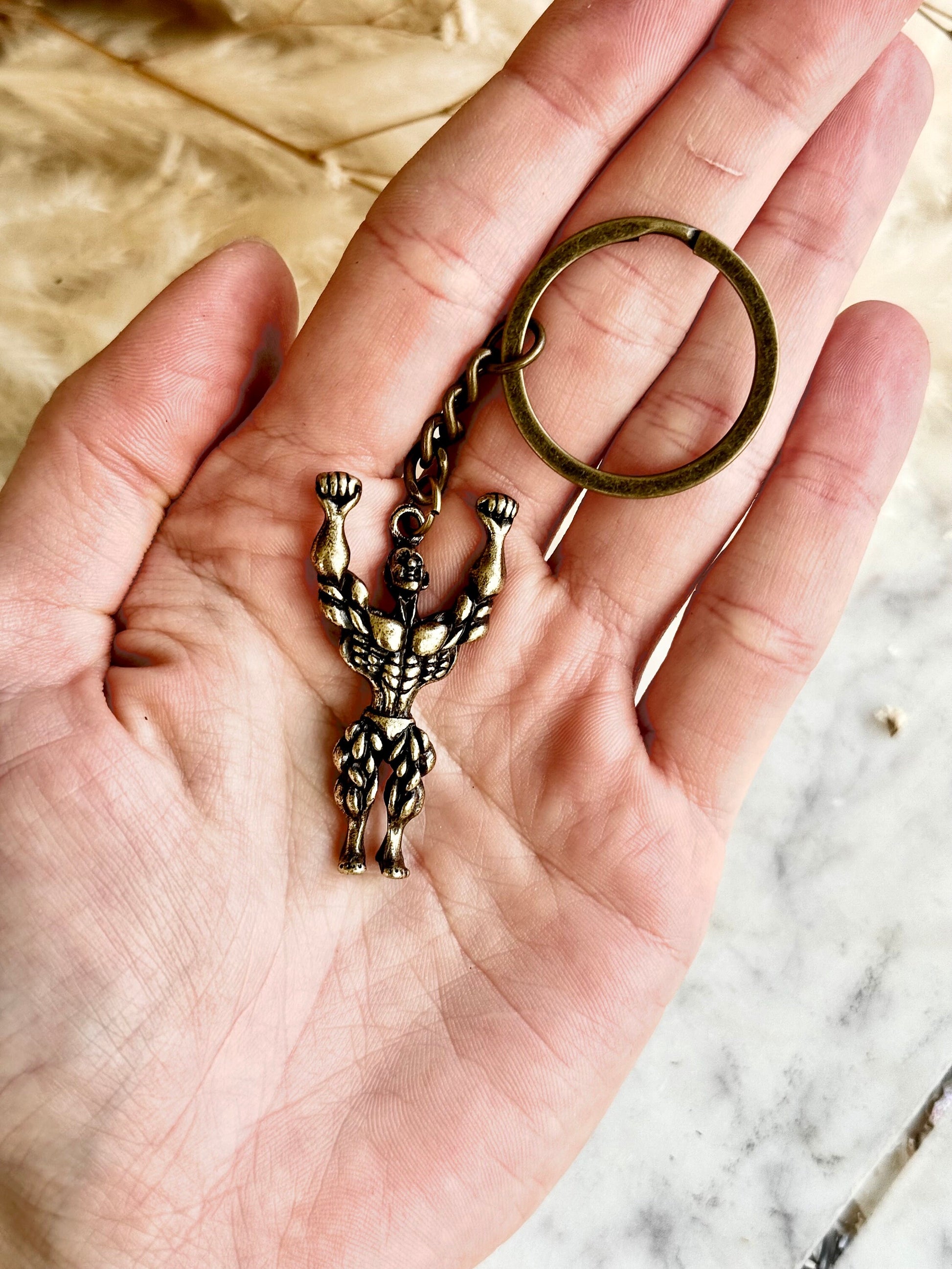 Solid Brass Strong Man Pendant, Bodybuilding Figure, Key Chain Muscle Male Keychain
