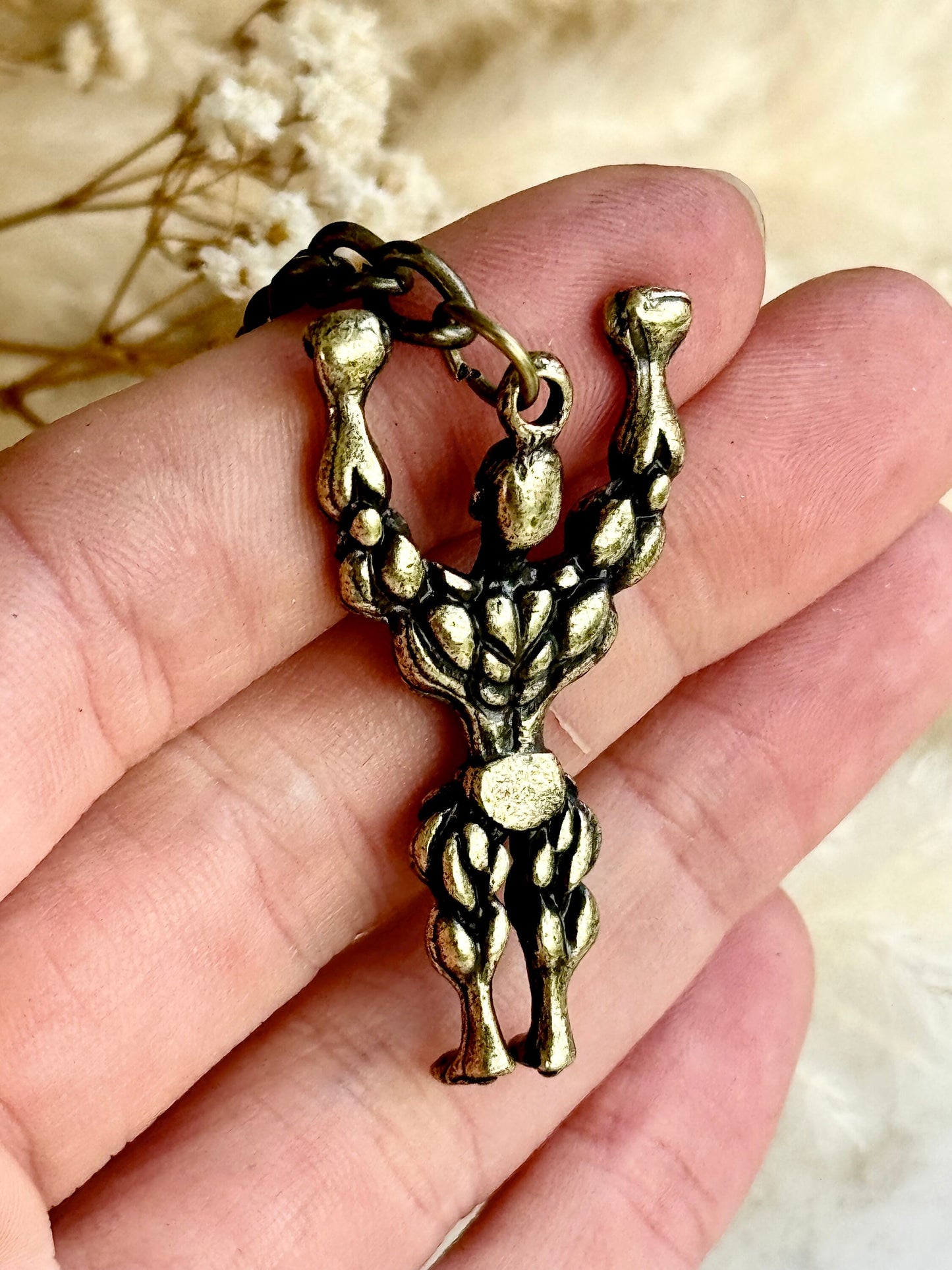 Solid Brass Strong Man Pendant, Bodybuilding Figure, Key Chain Muscle Male Keychain
