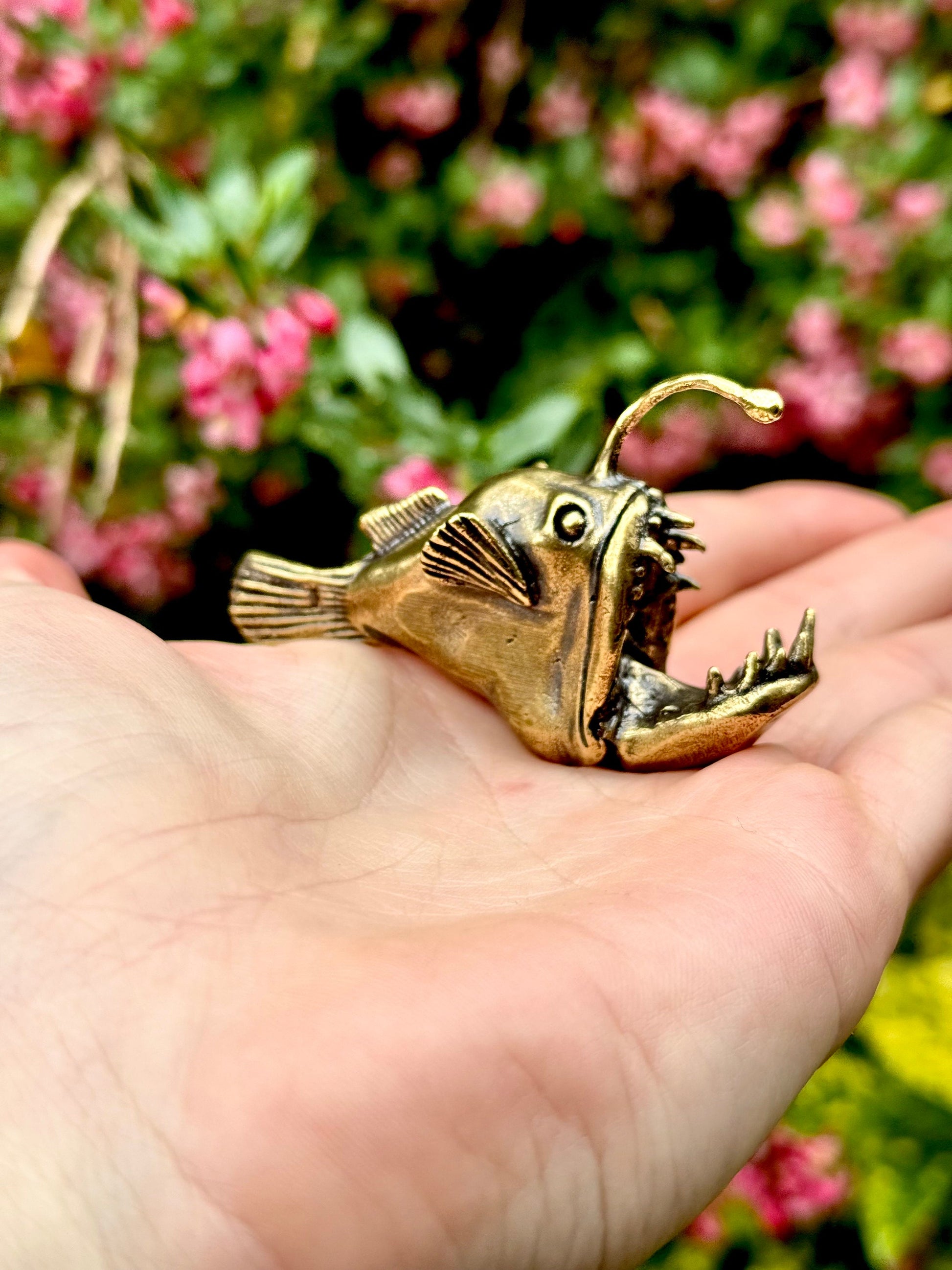 Forged Brass Anglerfish Miniature, Deep water fish Figurine Solid Copper Nautical Deep Sea Fish Figure, Art Marine Life Animal