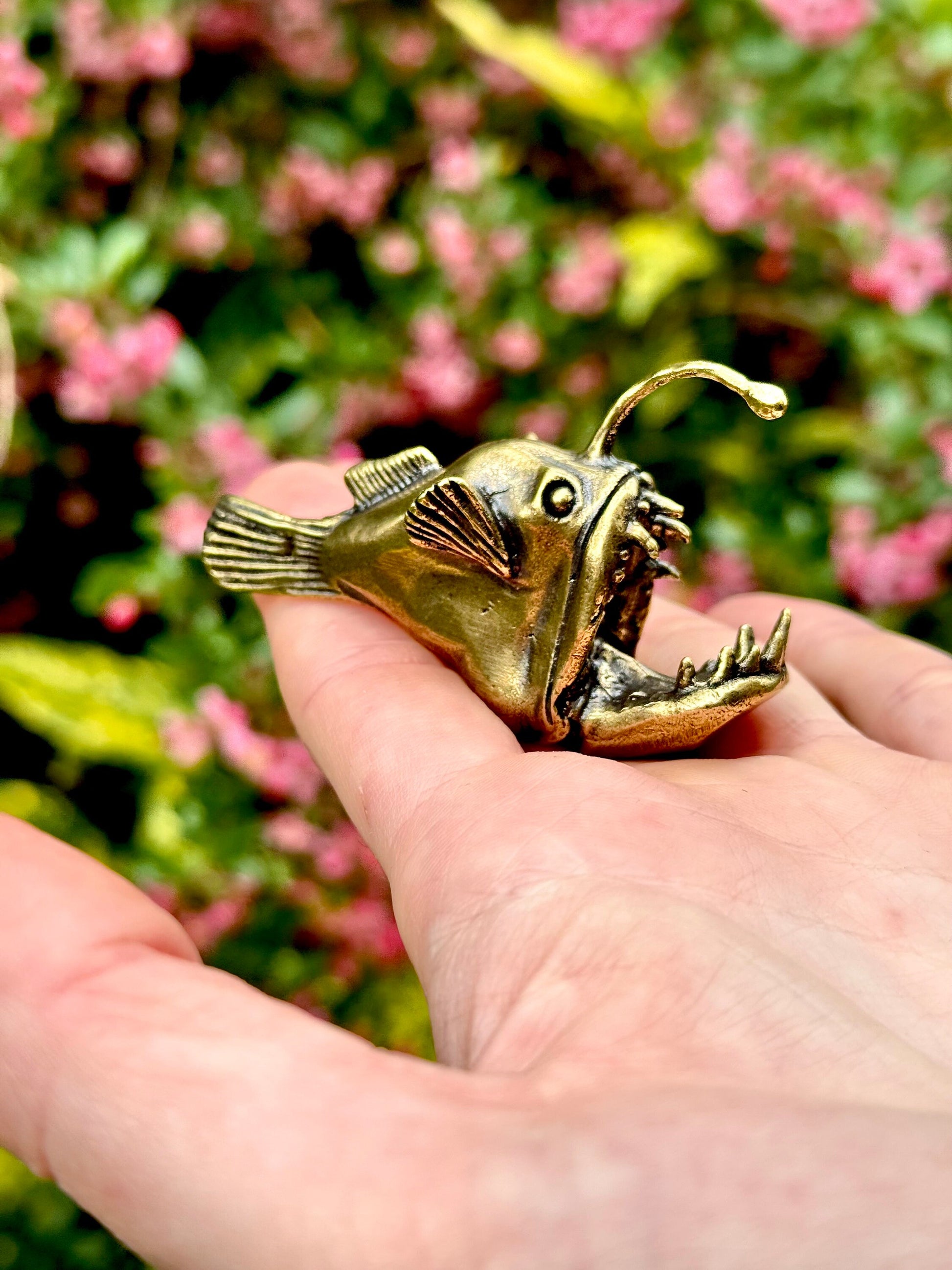Forged Brass Anglerfish Miniature, Deep water fish Figurine Solid Copper Nautical Deep Sea Fish Figure, Art Marine Life Animal