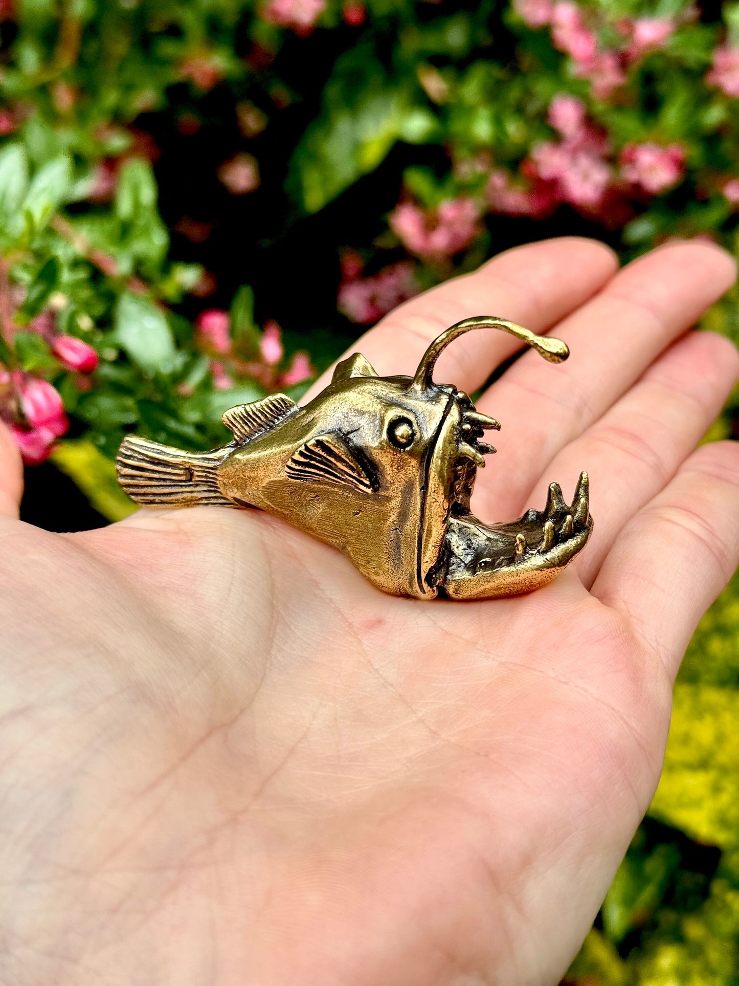 Forged Brass Anglerfish Miniature, Deep water fish Figurine Solid Copper Nautical Deep Sea Fish Figure, Art Marine Life Animal
