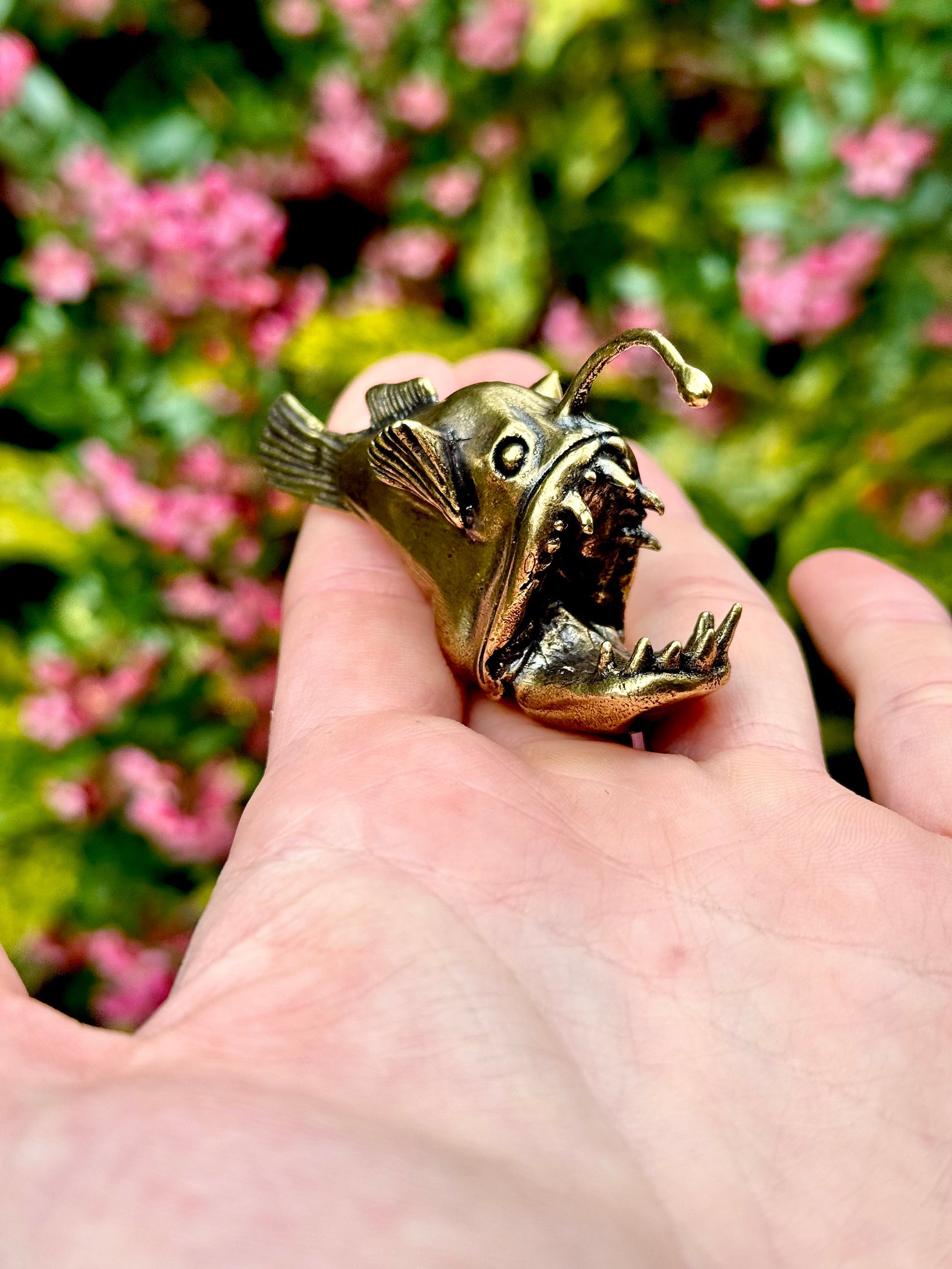 Forged Brass Anglerfish Miniature, Deep water fish Figurine Solid Copper Nautical Deep Sea Fish Figure, Art Marine Life Animal