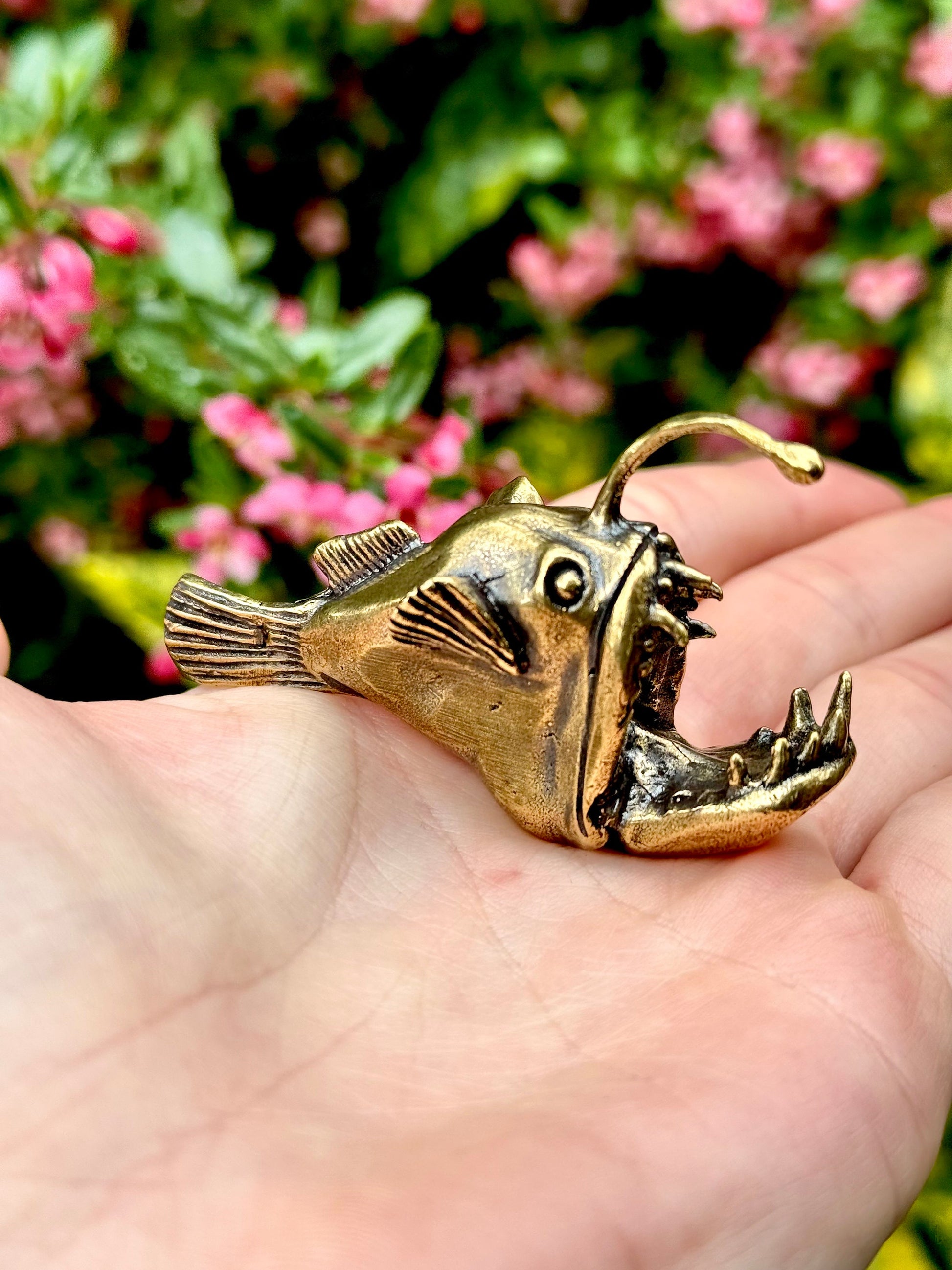 Forged Brass Anglerfish Miniature, Deep water fish Figurine Solid Copper Nautical Deep Sea Fish Figure, Art Marine Life Animal
