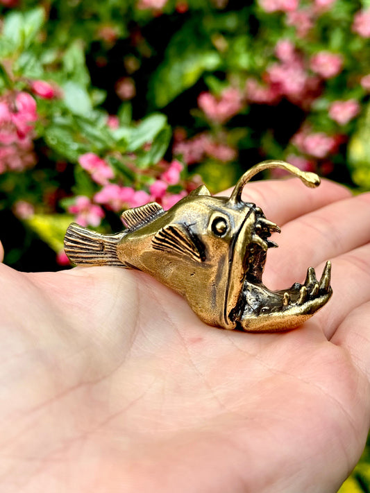 Forged Brass Anglerfish Miniature, Deep water fish Figurine Solid Copper Nautical Deep Sea Fish Figure, Art Marine Life Animal
