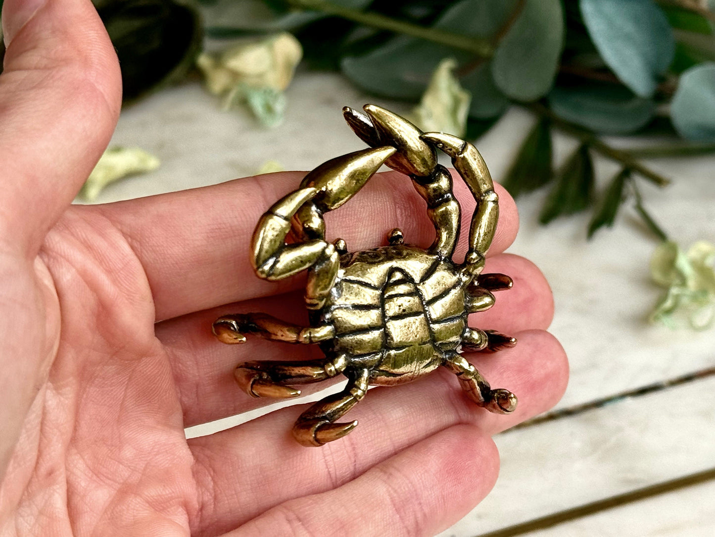 Lifelike Solid Brass Crab Statue, Beach House decor, Sea creature miniature, Japanese Desk Accessory, Paperweight
