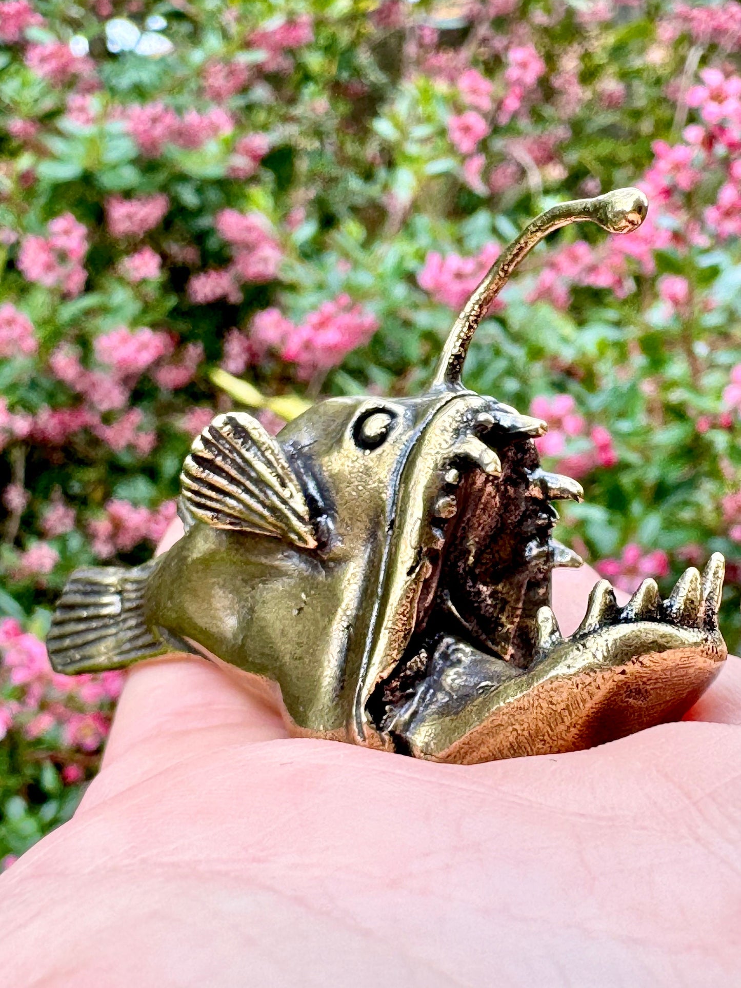 Forged Brass Anglerfish Miniature, Deep water fish Figurine Solid Copper Nautical Deep Sea Fish Figure, Art Marine Life Animal