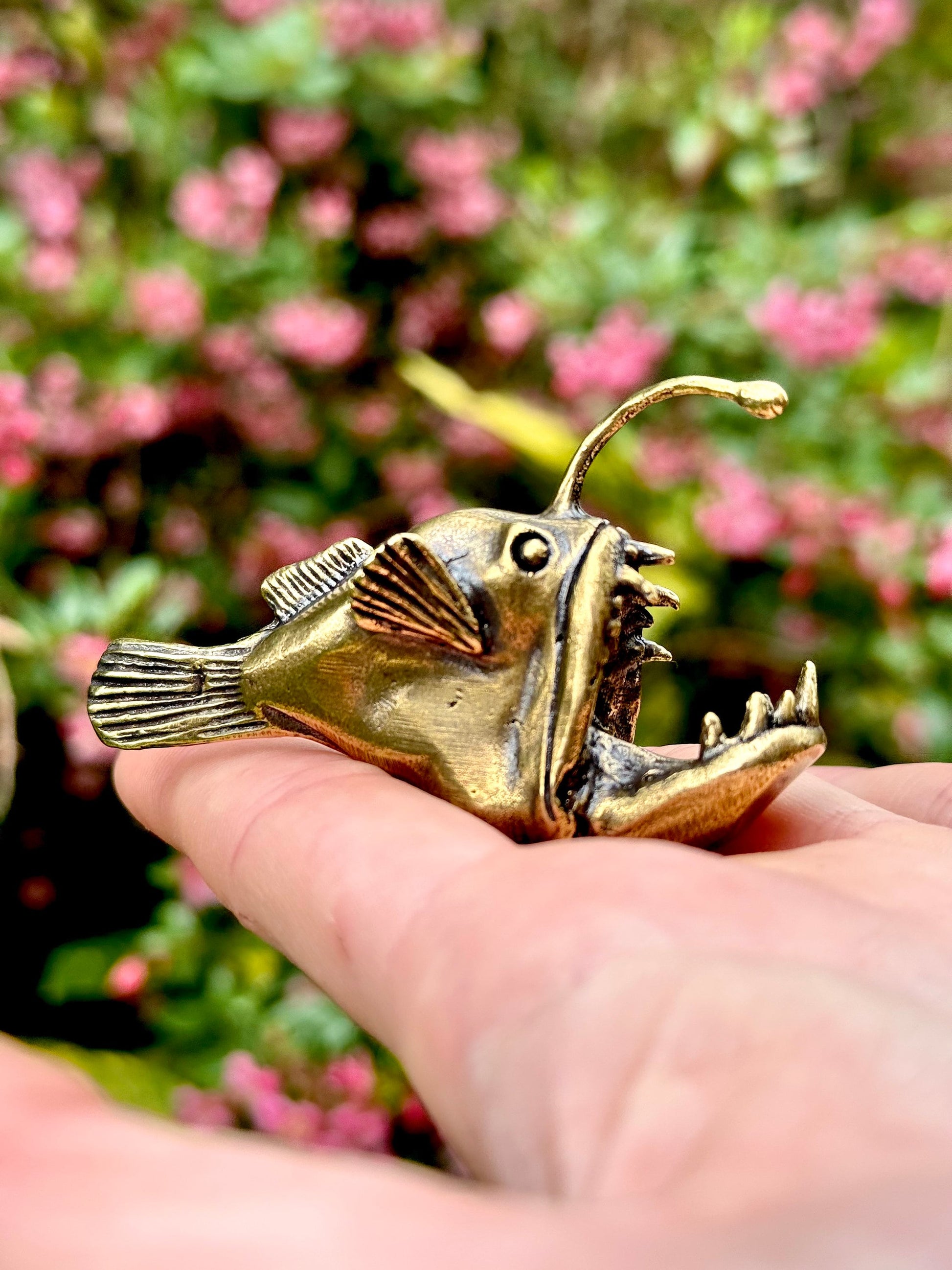 Forged Brass Anglerfish Miniature, Deep water fish Figurine Solid Copper Nautical Deep Sea Fish Figure, Art Marine Life Animal