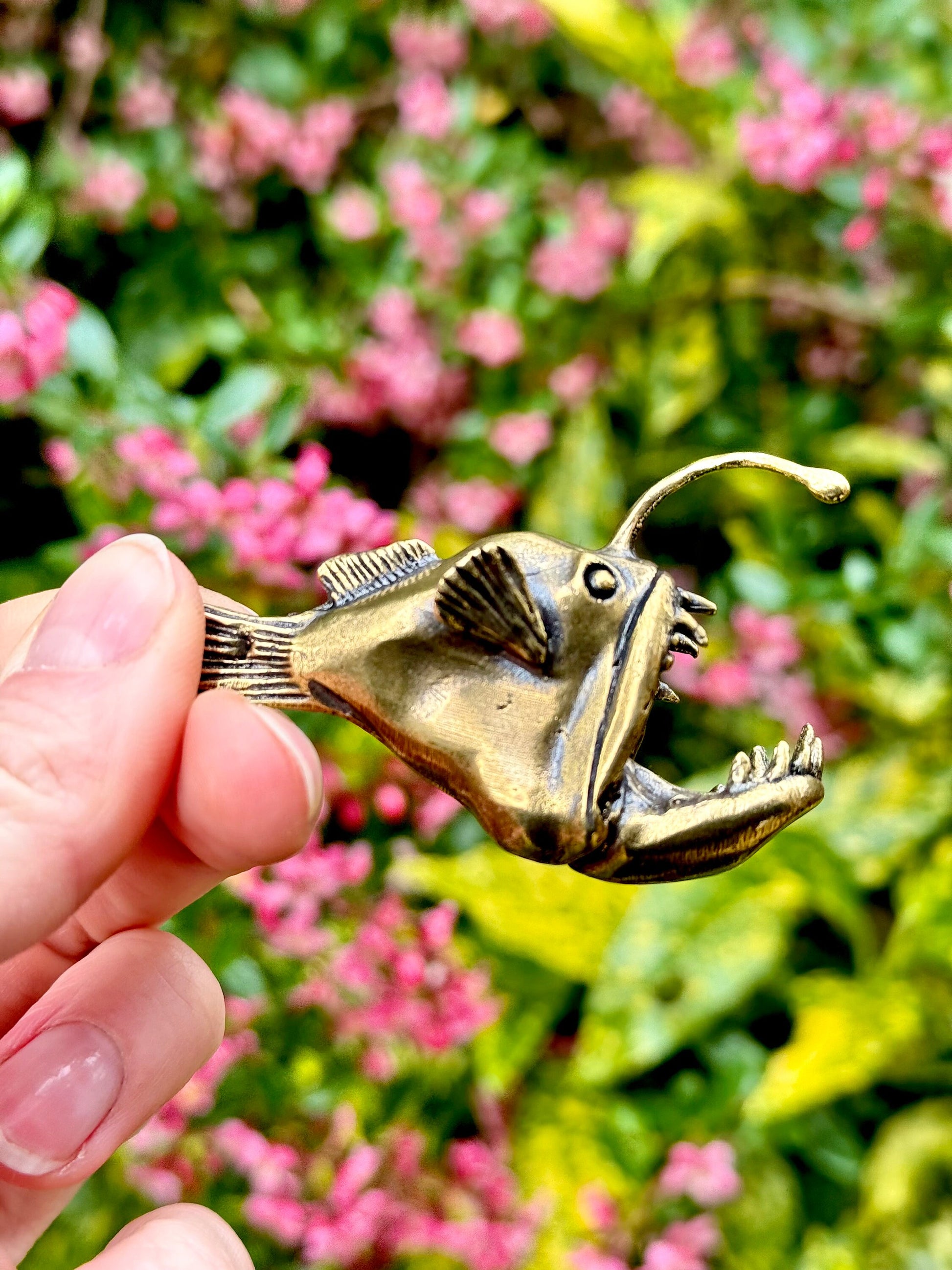 Forged Brass Anglerfish Miniature, Deep water fish Figurine Solid Copper Nautical Deep Sea Fish Figure, Art Marine Life Animal
