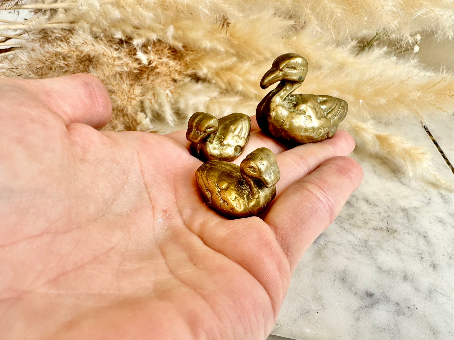 Antique Solid Brass Decorative Figurine: Three Ducks - Mother Duck with Two Baby Ducks, collectible brass bird statuettes