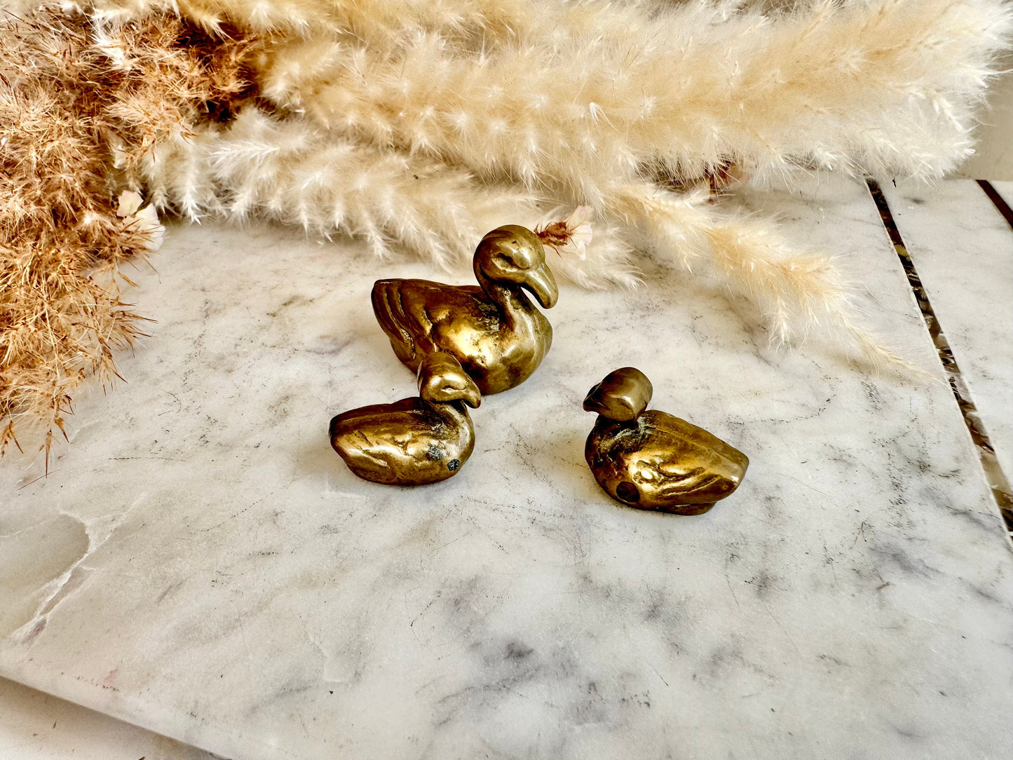 Antique Solid Brass Decorative Figurine: Three Ducks - Mother Duck with Two Baby Ducks, collectible brass bird statuettes
