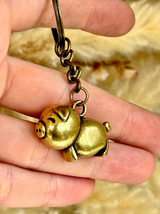 Happy little piglet fine workmanship solid brass keyring, brass pig charm, cute little piggy sculpture