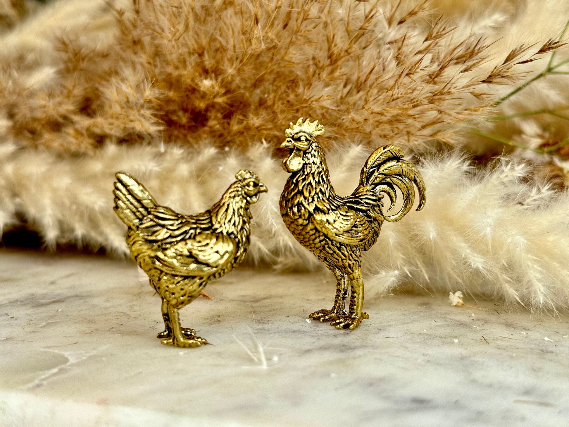 Solid brass Chicken family brass figurine, Rooster and hen miniature, Chicken decorative small figurine, Brass Collectibles, Country Decor