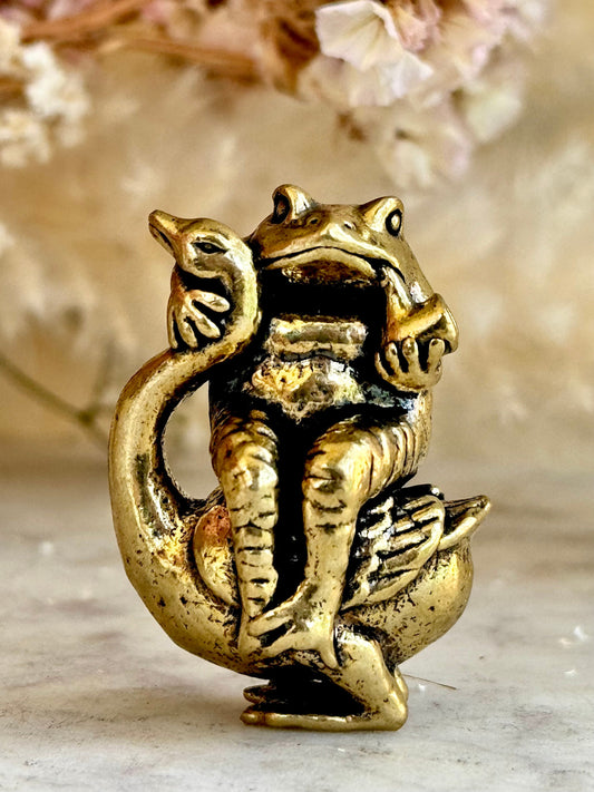 Brass Wise Frog and Goose Figurine, Brass Frog ornament, Whimsical Animal Sculpture, Frog smokes a pipe miniature