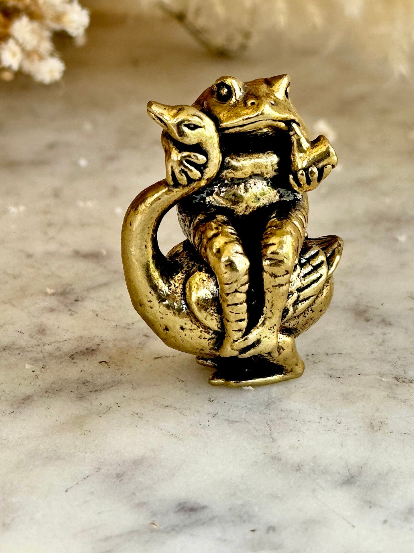 Brass Wise Frog and Goose Figurine, Brass Frog ornament, Whimsical Animal Sculpture, Frog smokes a pipe miniature