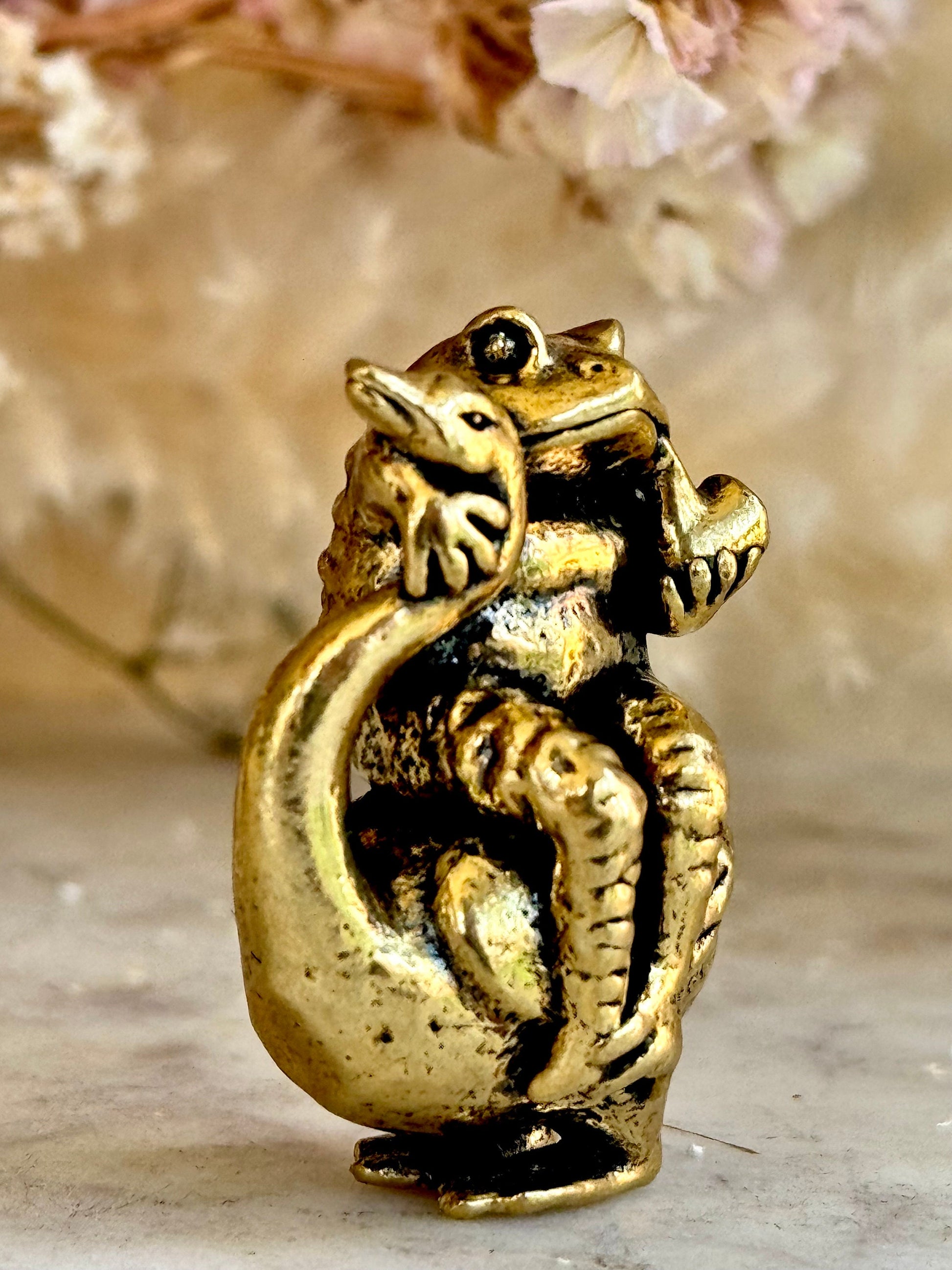Brass Wise Frog and Goose Figurine, Brass Frog ornament, Whimsical Animal Sculpture, Frog smokes a pipe miniature