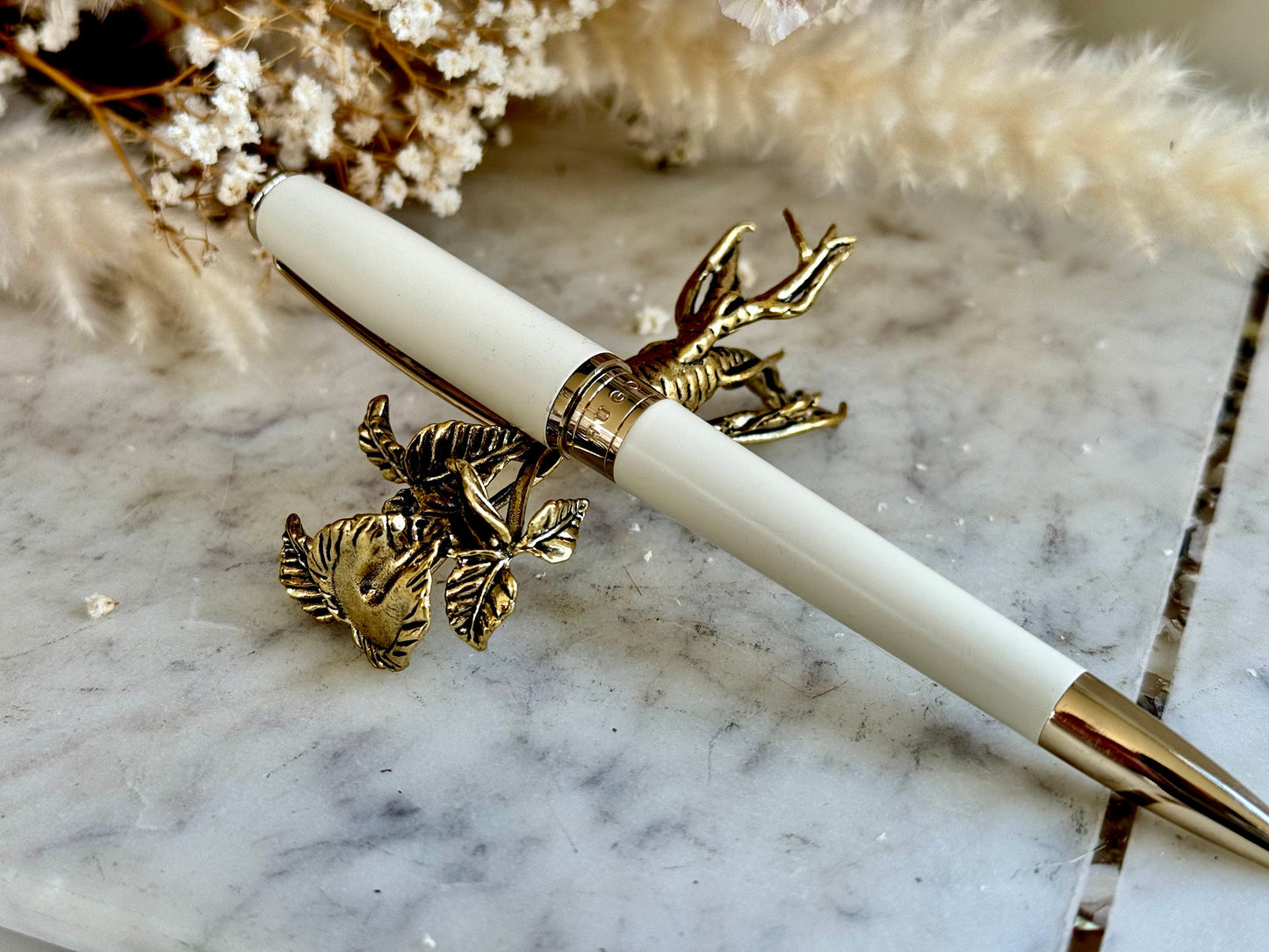 Brass Ginseng Root Fountain Pen Holder and Decorative Desk Ornament - Unique Herbal Sculpture