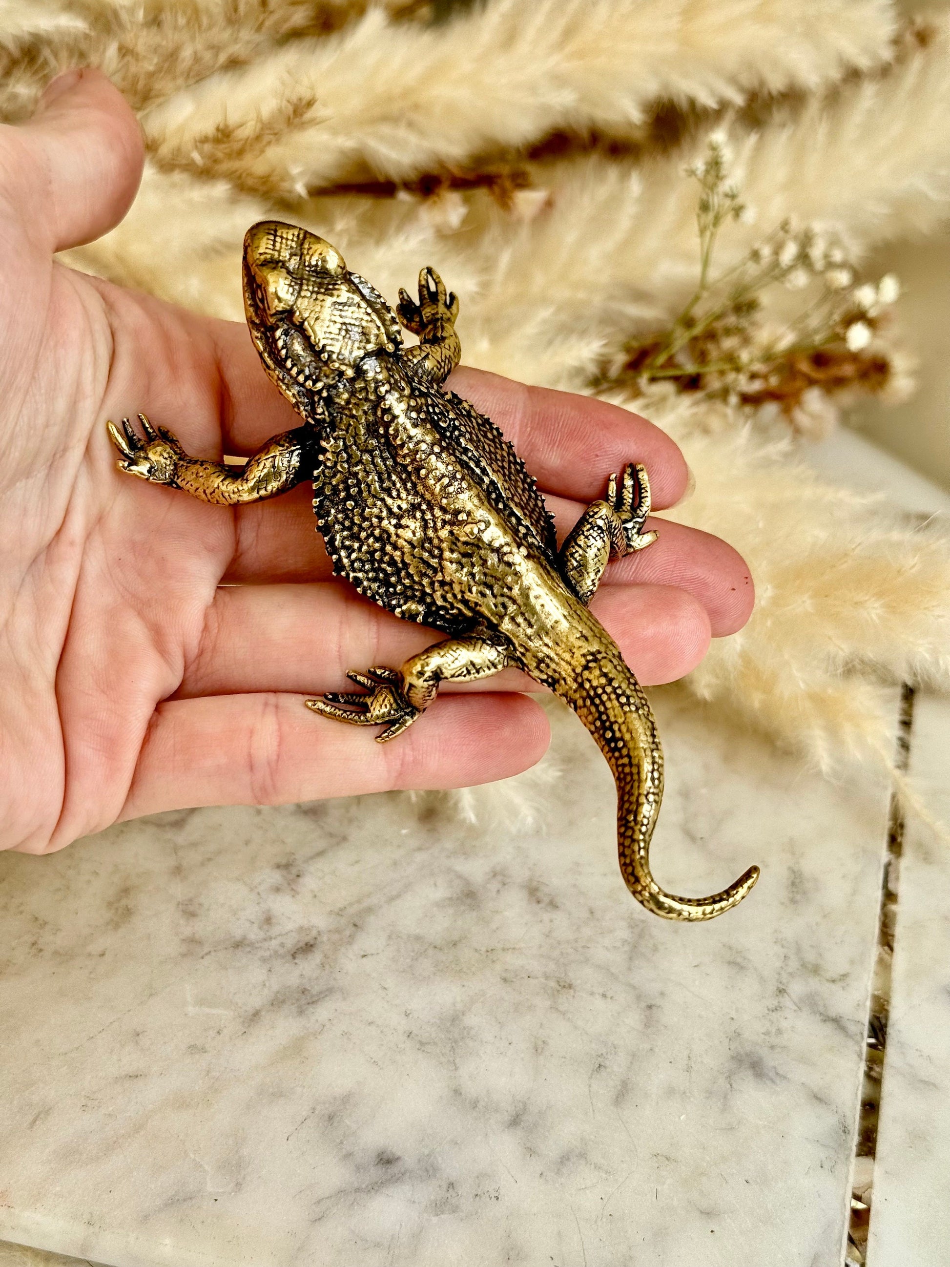 Fine lifelike Brass Bearded dragon Miniature, dragon sculpture, lizard figurine, solid brass figurine, Iguana ornament, metal reptile