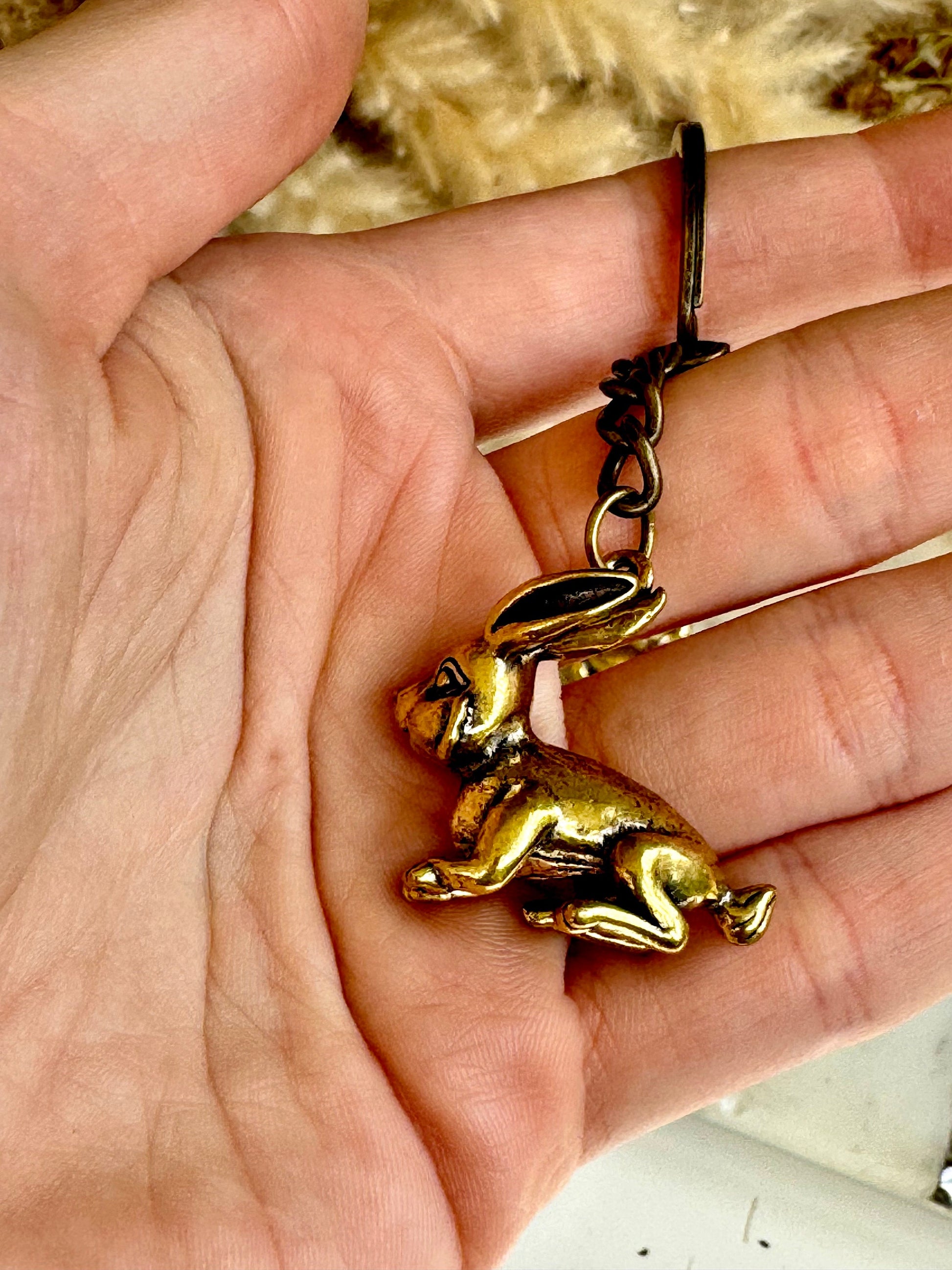 Cute rabbit solid brass keyring, little bunny figurine, rabbit fob, Solid Brass pendant