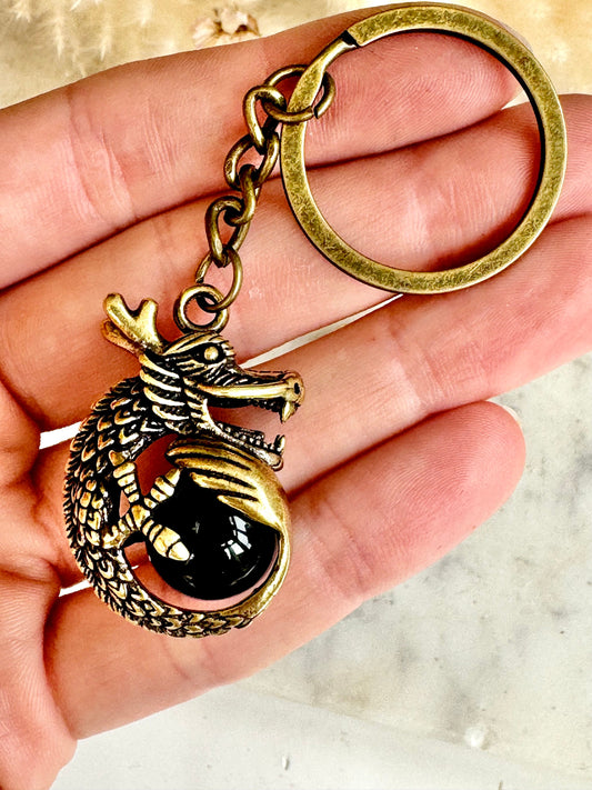 Solid Brass Dragon holding a globe Keychain, Brass Dragon pendant, fine craftsmanship dragon Key Ring