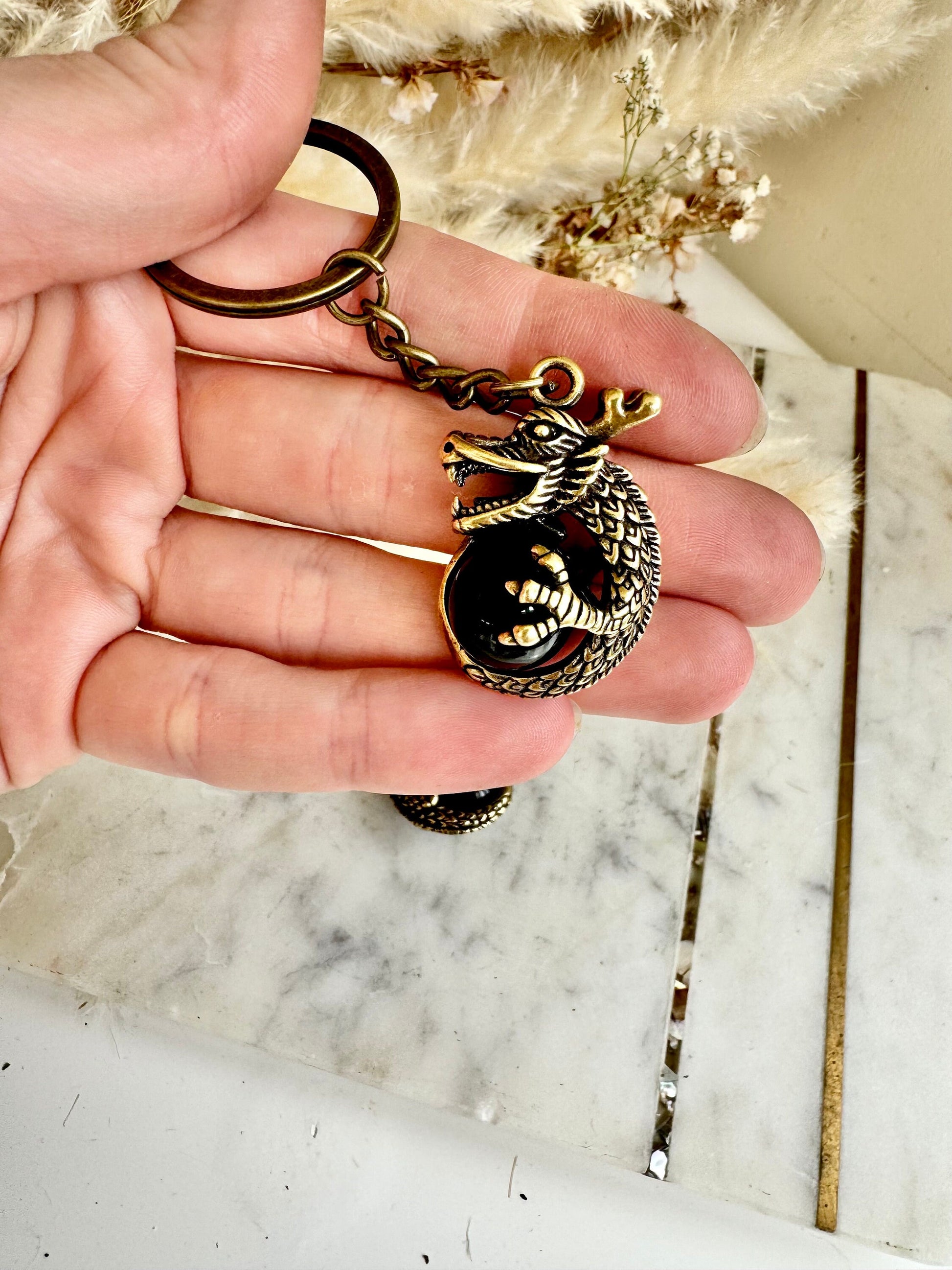 Solid Brass Dragon holding a globe Keychain, Brass Dragon pendant, fine craftsmanship dragon Key Ring