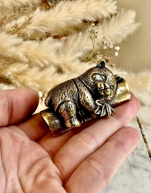 Endearing Baby Panda figurine, Solid brass sleeping panda miniature, Panda with Bamboo sculpture, panda paperweight, Small but heavy panda