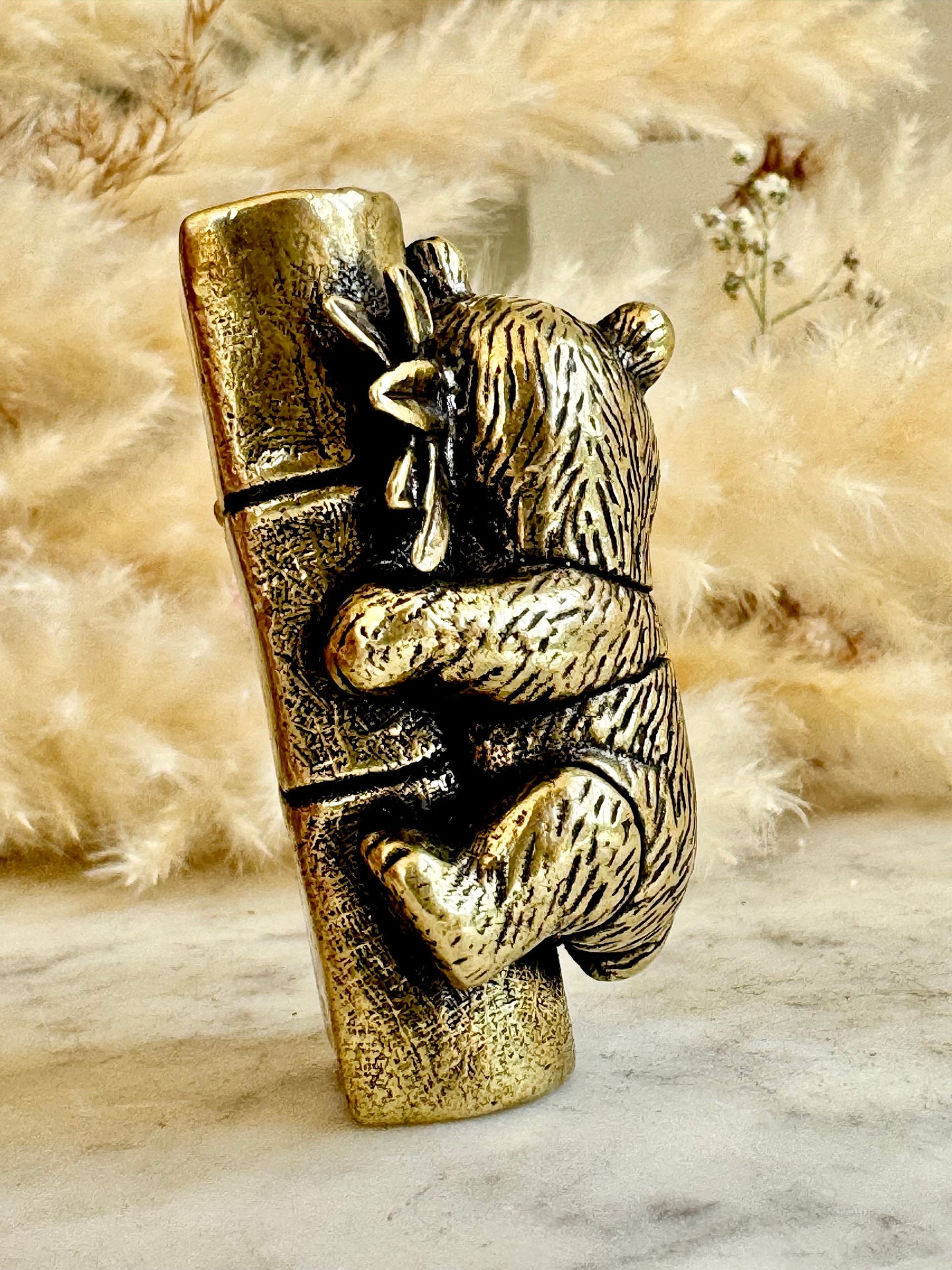 Endearing Baby Panda figurine, Solid brass sleeping panda miniature, Panda with Bamboo sculpture, panda paperweight, Small but heavy panda