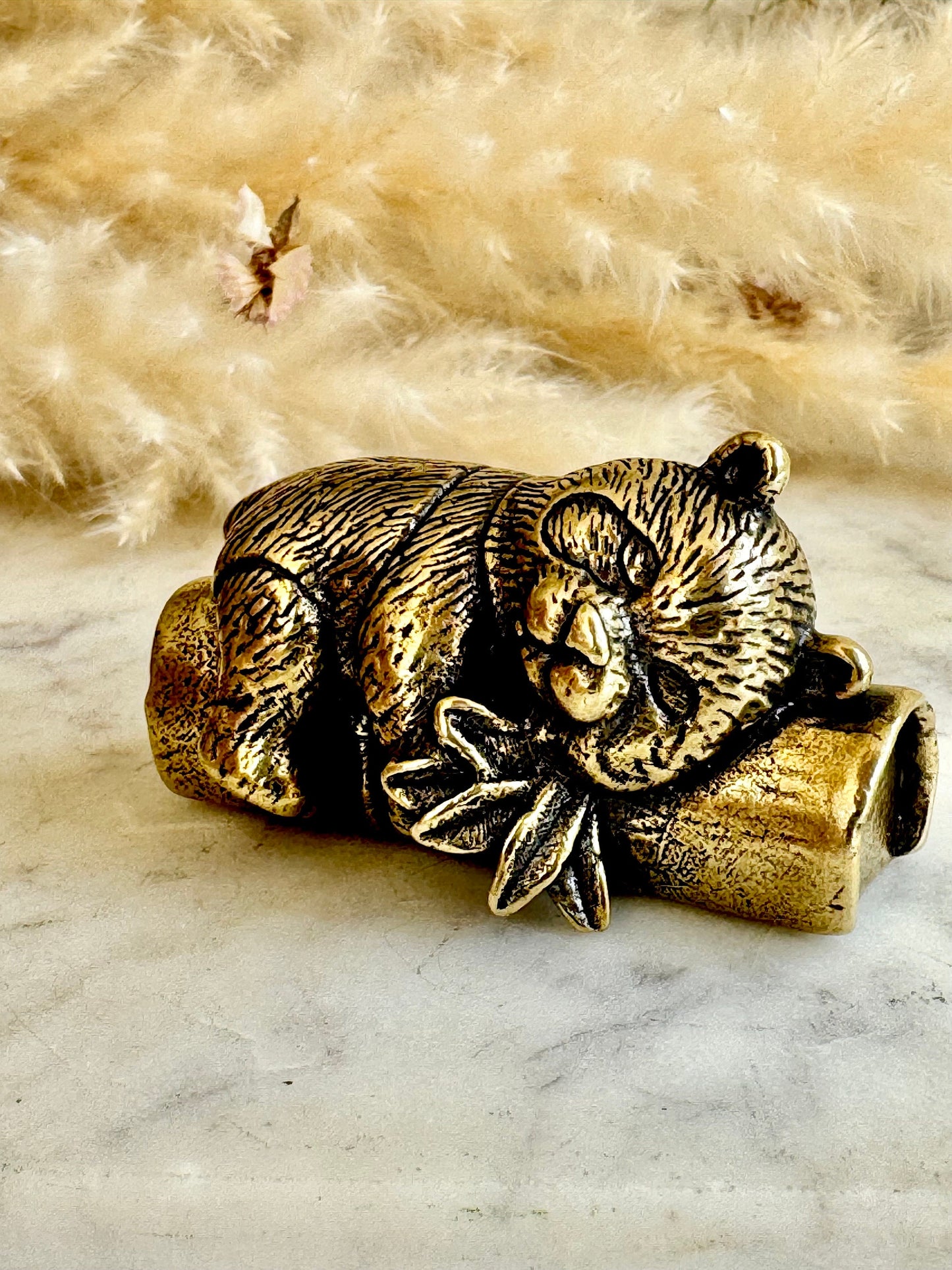 Endearing Baby Panda figurine, Solid brass sleeping panda miniature, Panda with Bamboo sculpture, panda paperweight, Small but heavy panda
