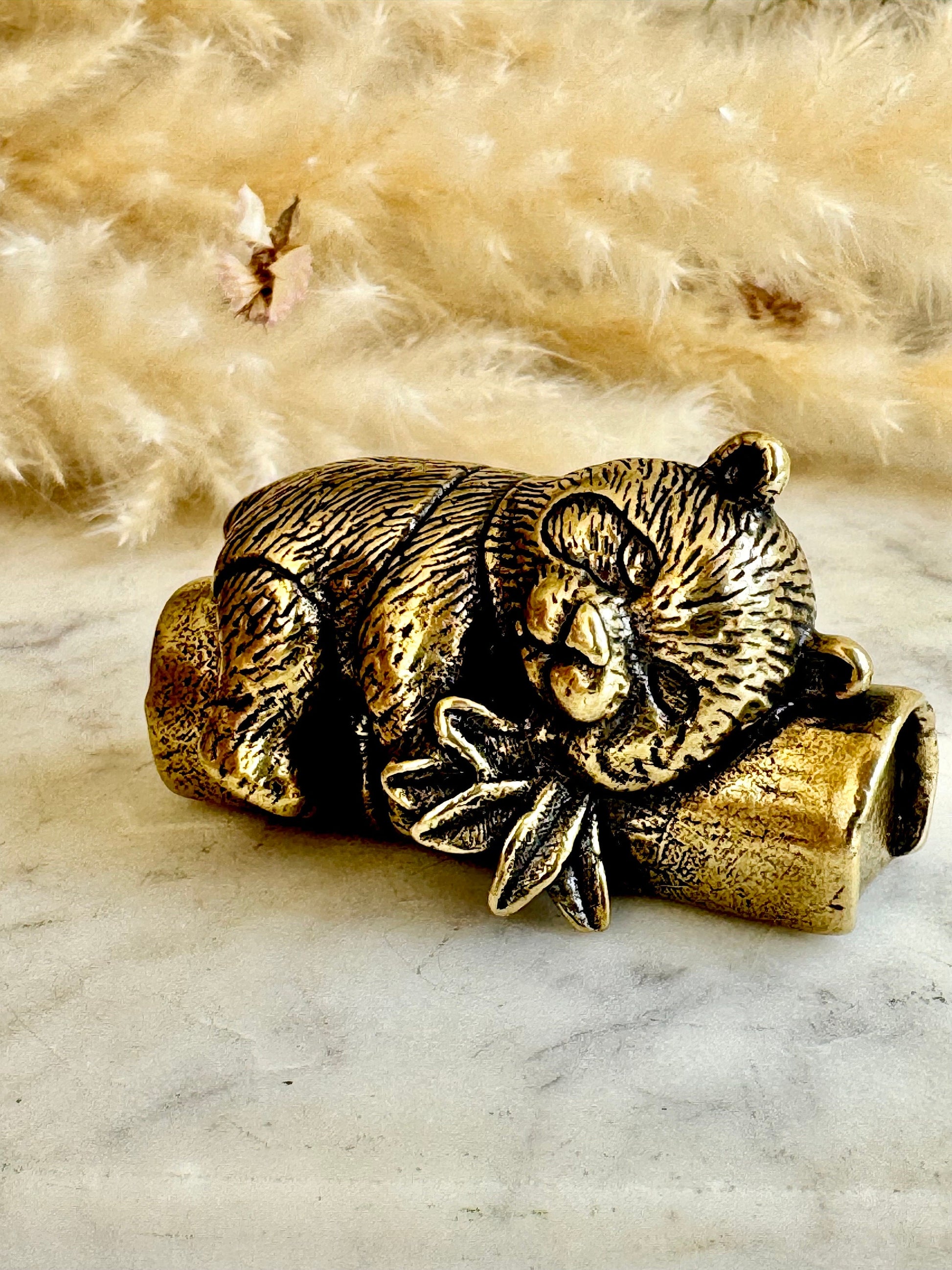 Endearing Baby Panda figurine, Solid brass sleeping panda miniature, Panda with Bamboo sculpture, panda paperweight, Small but heavy panda
