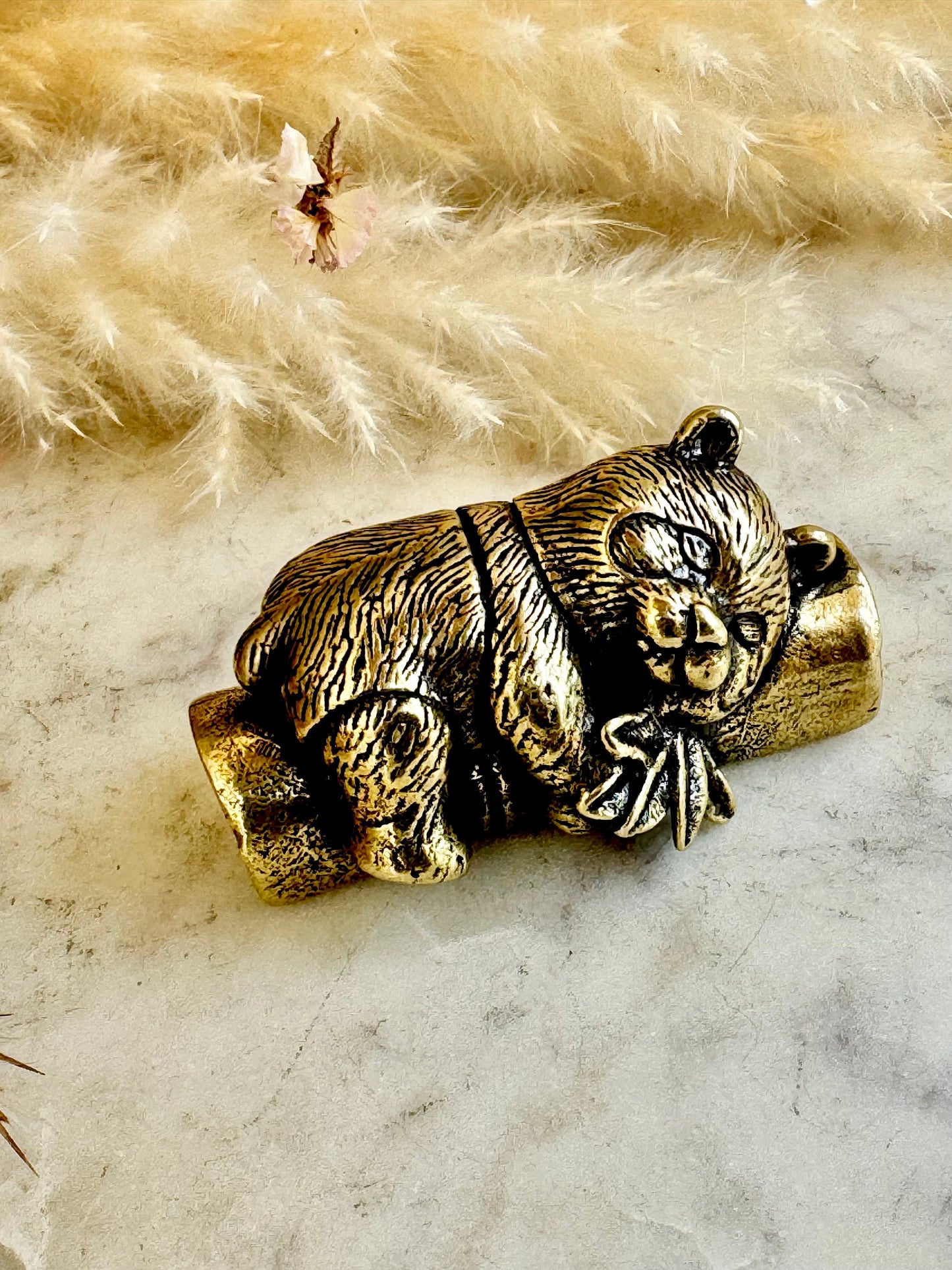 Endearing Baby Panda figurine, Solid brass sleeping panda miniature, Panda with Bamboo sculpture, panda paperweight, Small but heavy panda