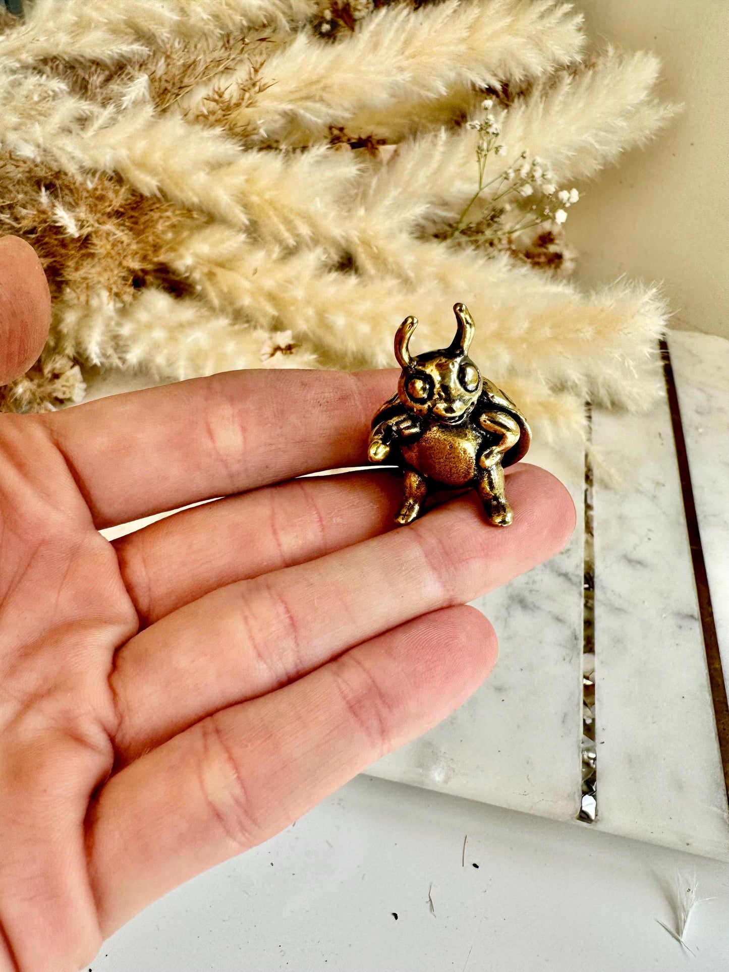 Solid brass Happy Ladybug figurine, little ladybird statuette, fine metal workmanship, insect ornament, good luck trinket