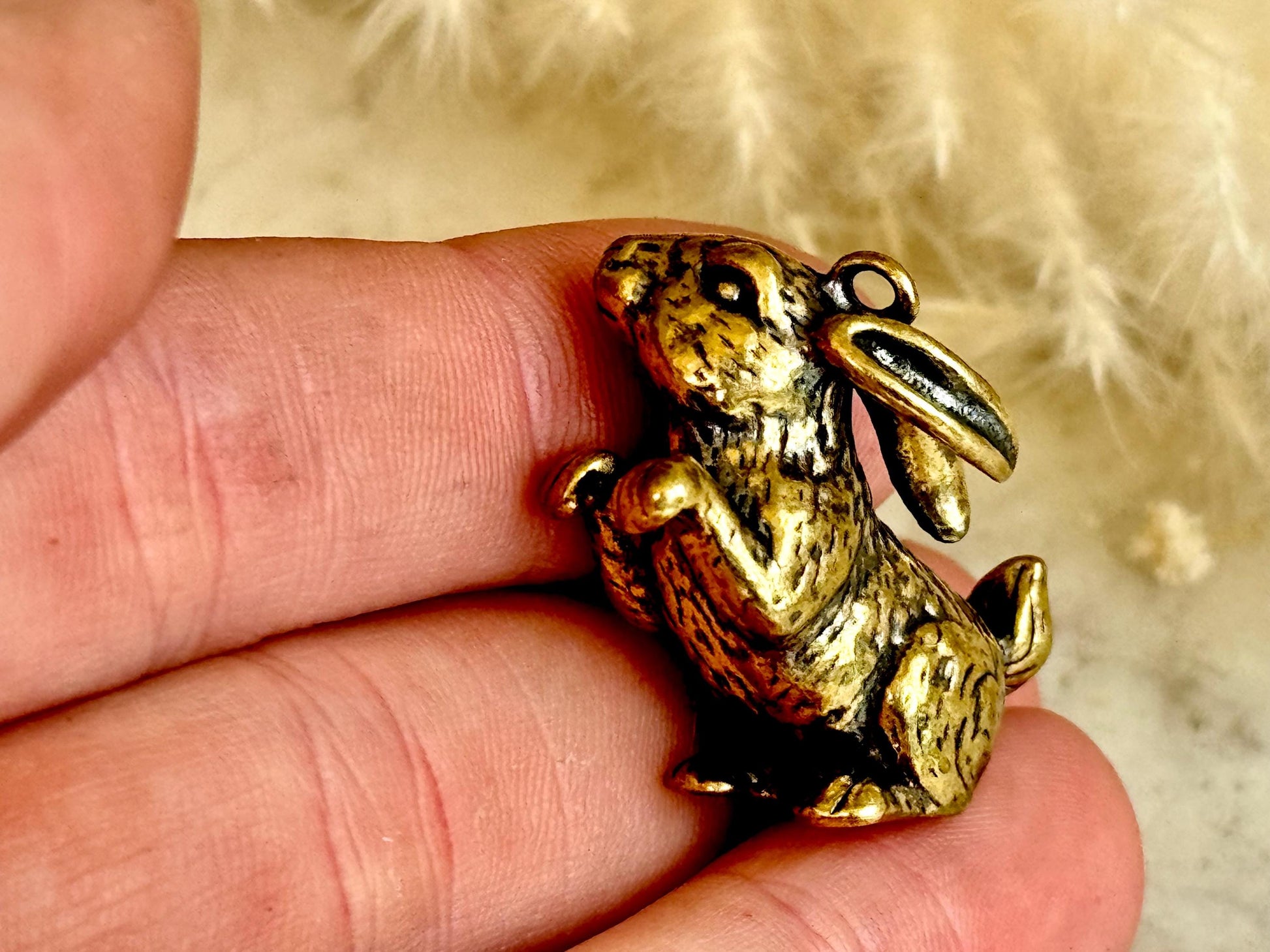 Solid brass adorable bunny pendant, metal rabbit figurine, happy hare charm, bunny gentlemen ornament