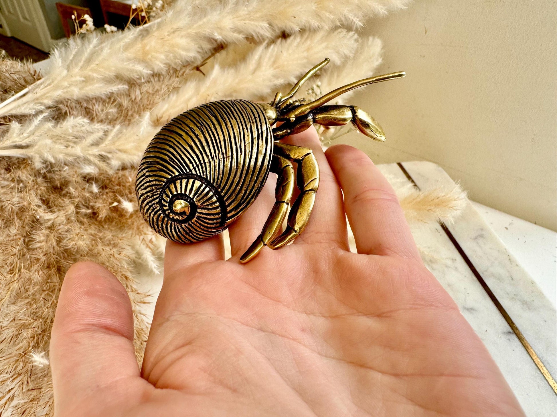 Big Solid Brass Hermit Crab Ornament, seashell figurine, ocean art mollusc miniature, sea-themed decoration, Big crab paperweight