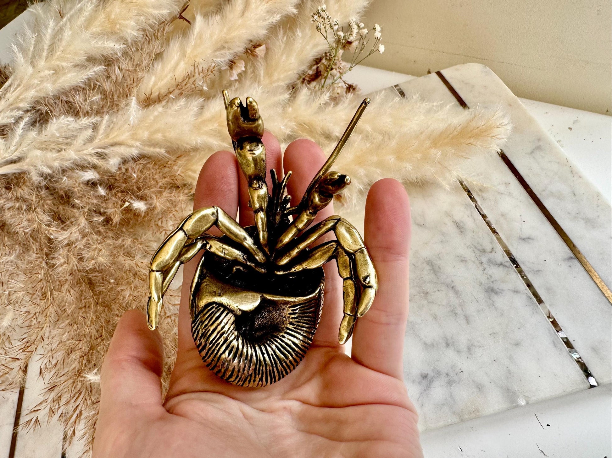 Big Solid Brass Hermit Crab Ornament, seashell figurine, ocean art mollusc miniature, sea-themed decoration, Big crab paperweight