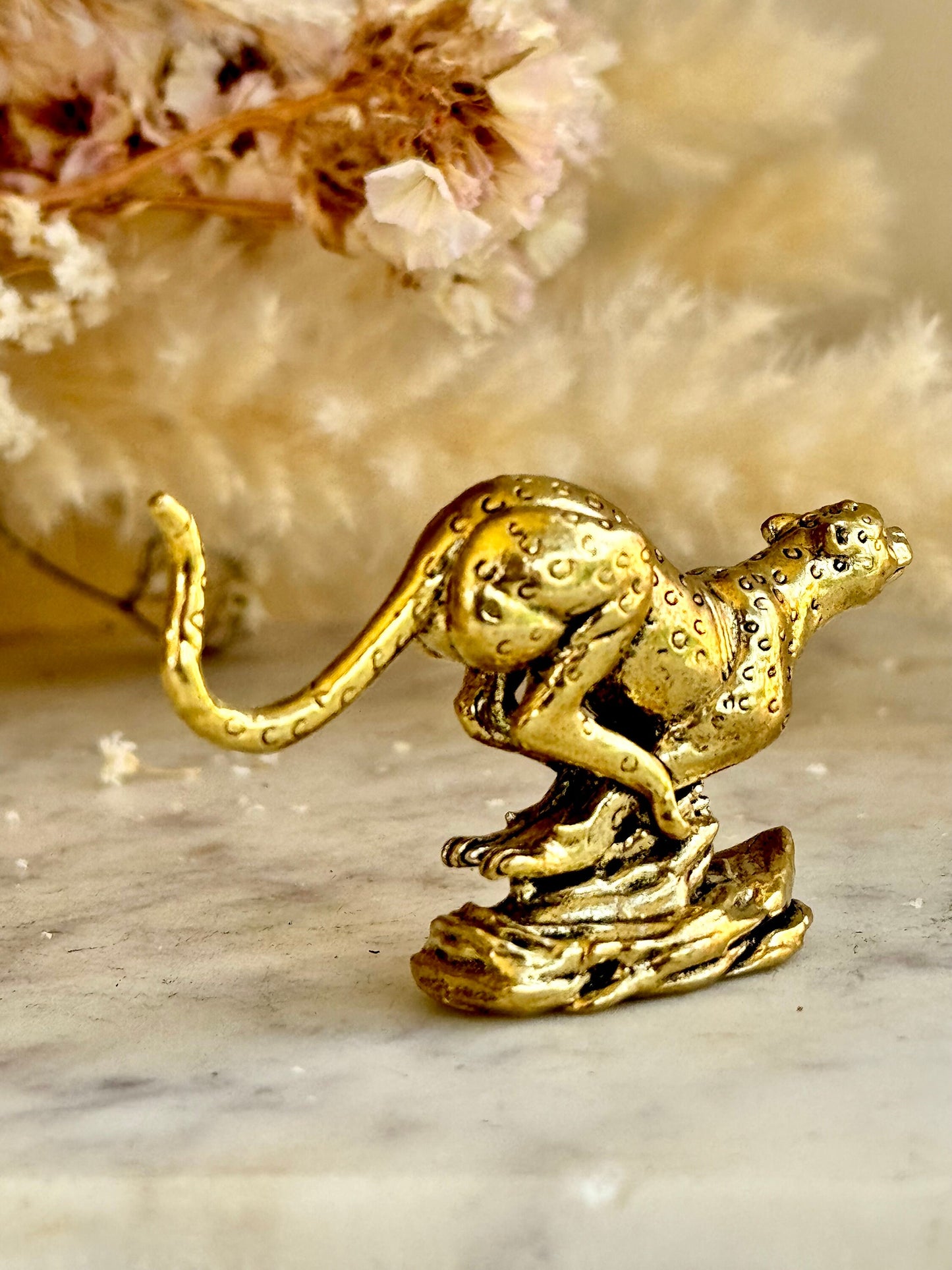 Solid Brass Running Chettah Figurine, African animal Statue, Golden Leopard Ornament, Creative Desk Accessories