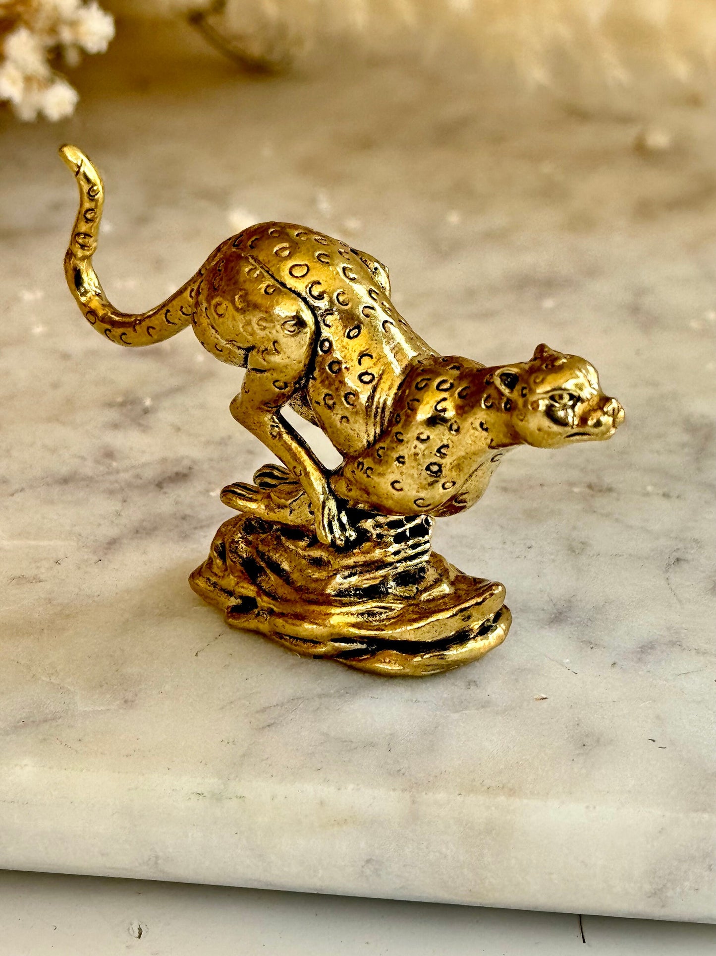 Solid Brass Running Chettah Figurine, African animal Statue, Golden Leopard Ornament, Creative Desk Accessories