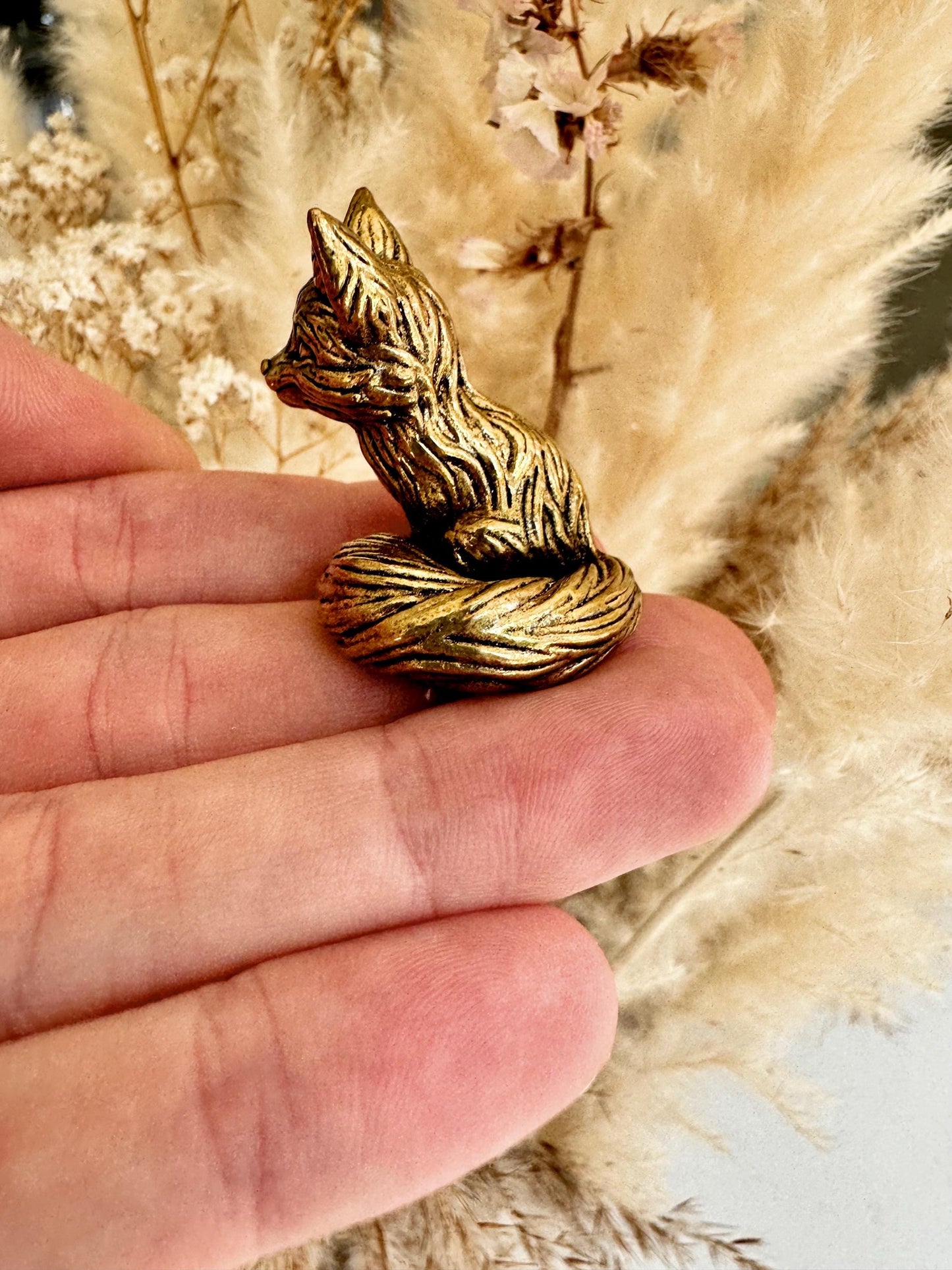 Cute statuette of baby fennec fox, solid brass fox figurine, adorable desktop decoration fox, fox pup ornament