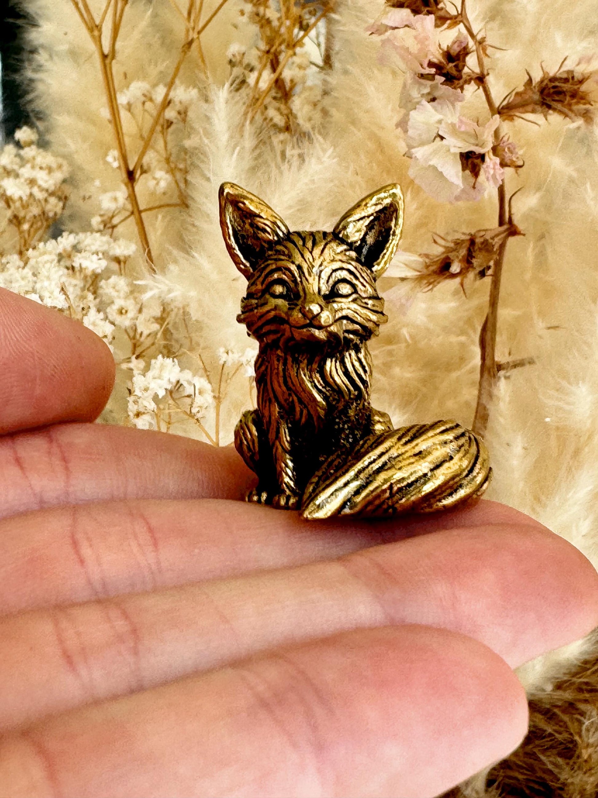 Cute statuette of baby fennec fox, solid brass fox figurine, adorable desktop decoration fox, fox pup ornament