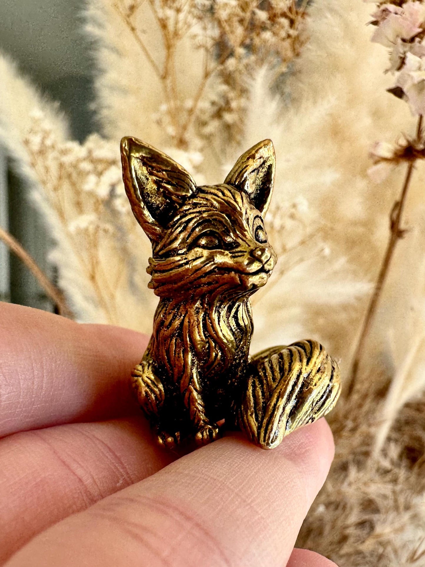 Cute statuette of baby fennec fox, solid brass fox figurine, adorable desktop decoration fox, fox pup ornament