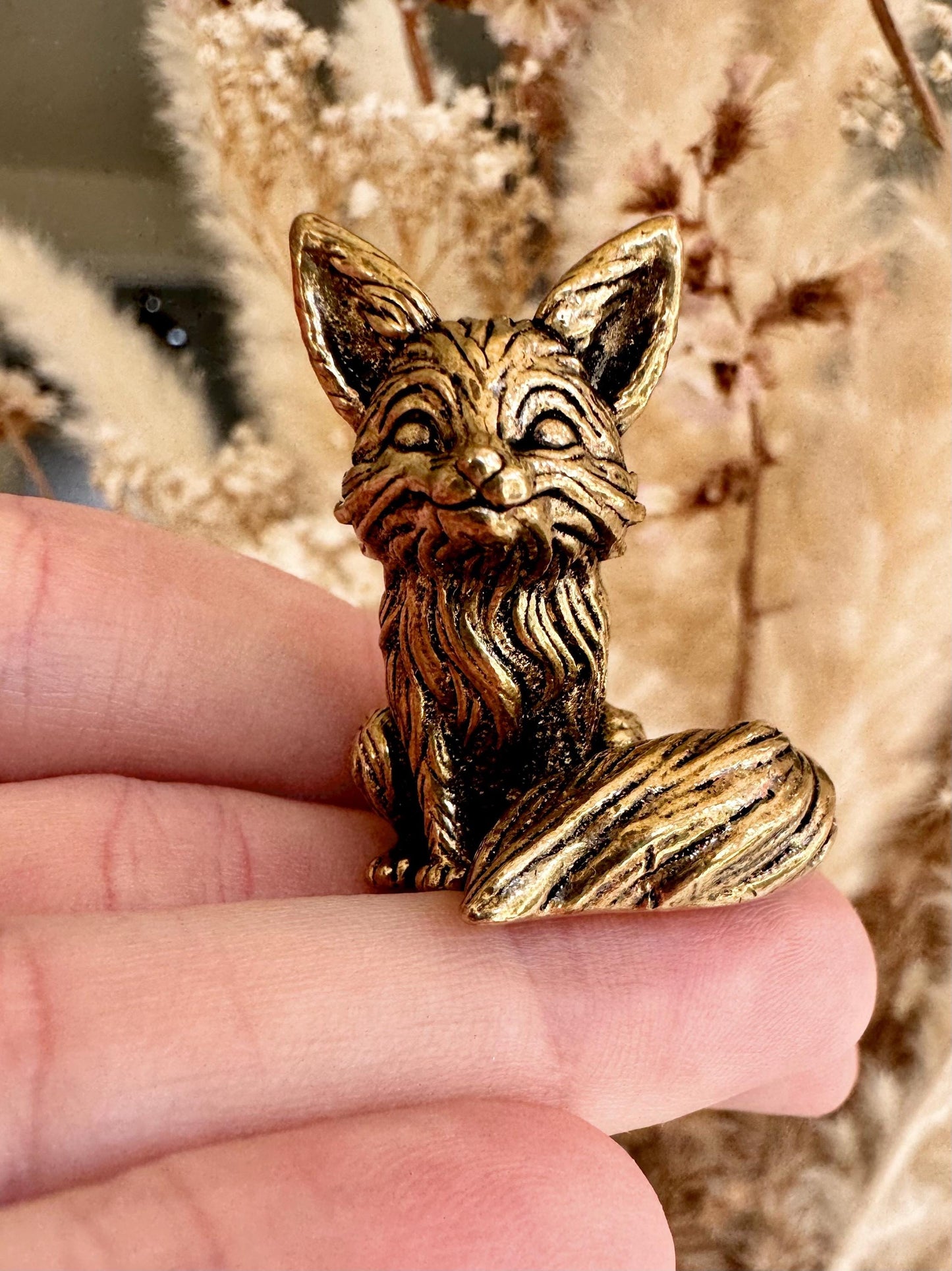 Cute statuette of baby fennec fox, solid brass fox figurine, adorable desktop decoration fox, fox pup ornament