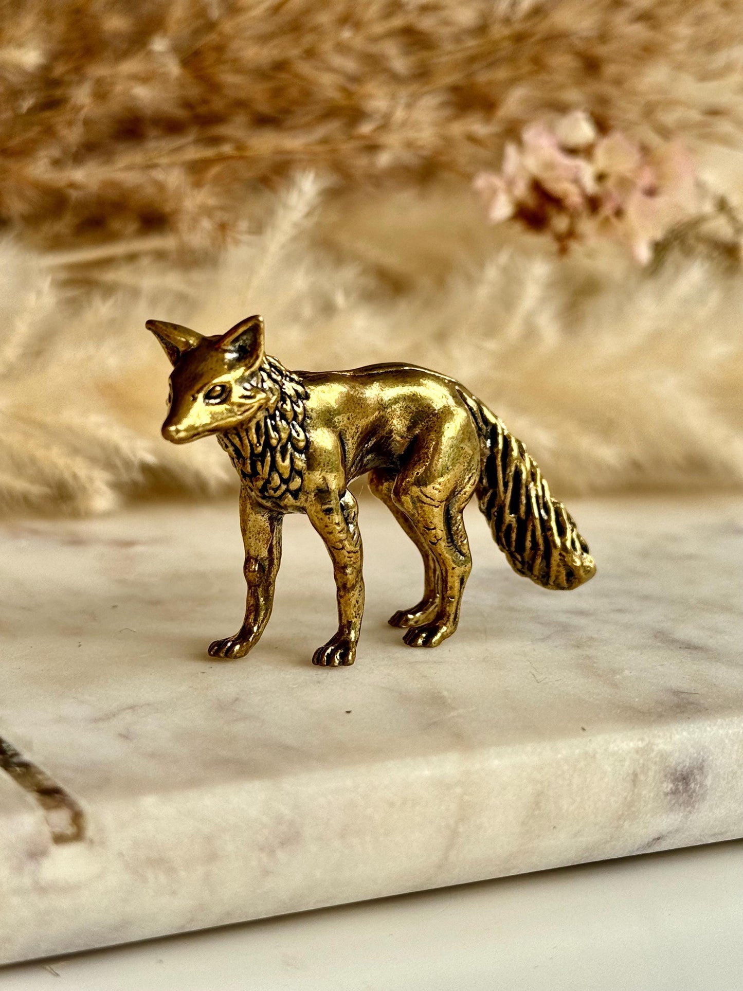 Fine statuette of grey fox, solid brass fox figurine, wild life desktop decoration, brush stand, creative little fox gift