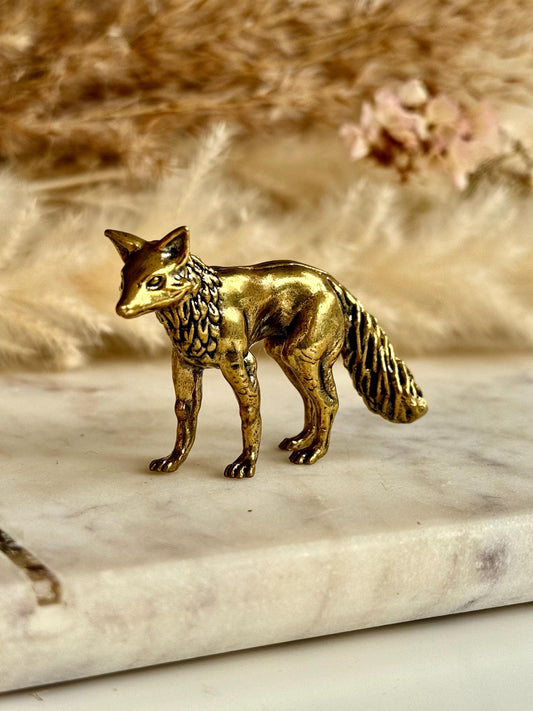 Fine statuette of grey fox, solid brass fox figurine, wild life desktop decoration, brush stand, creative little fox gift