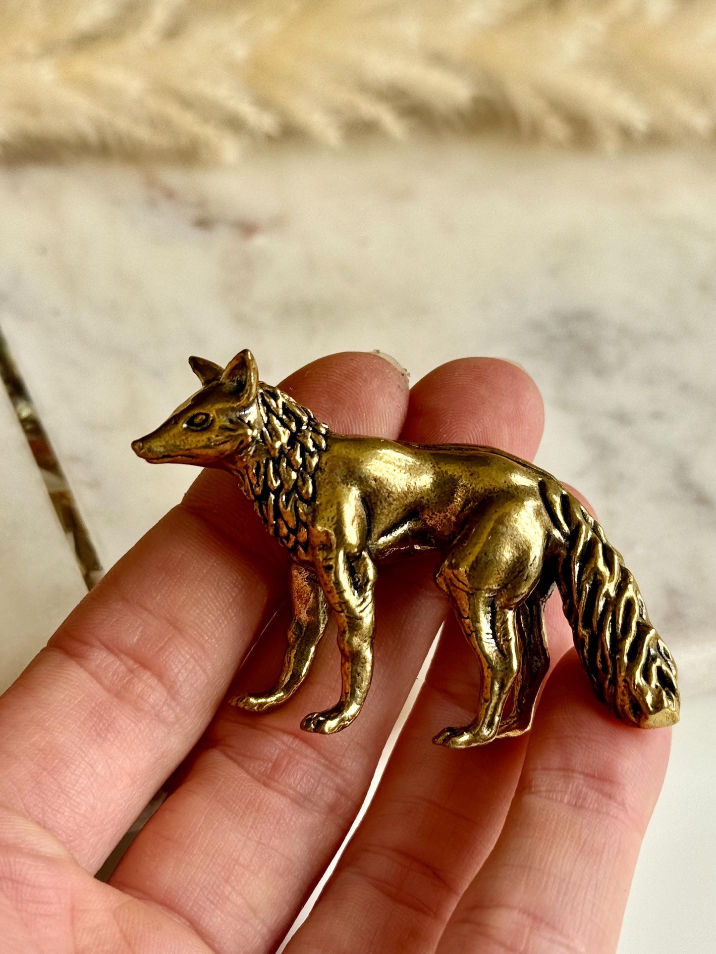 Fine statuette of grey fox, solid brass fox figurine, wild life desktop decoration, brush stand, creative little fox gift