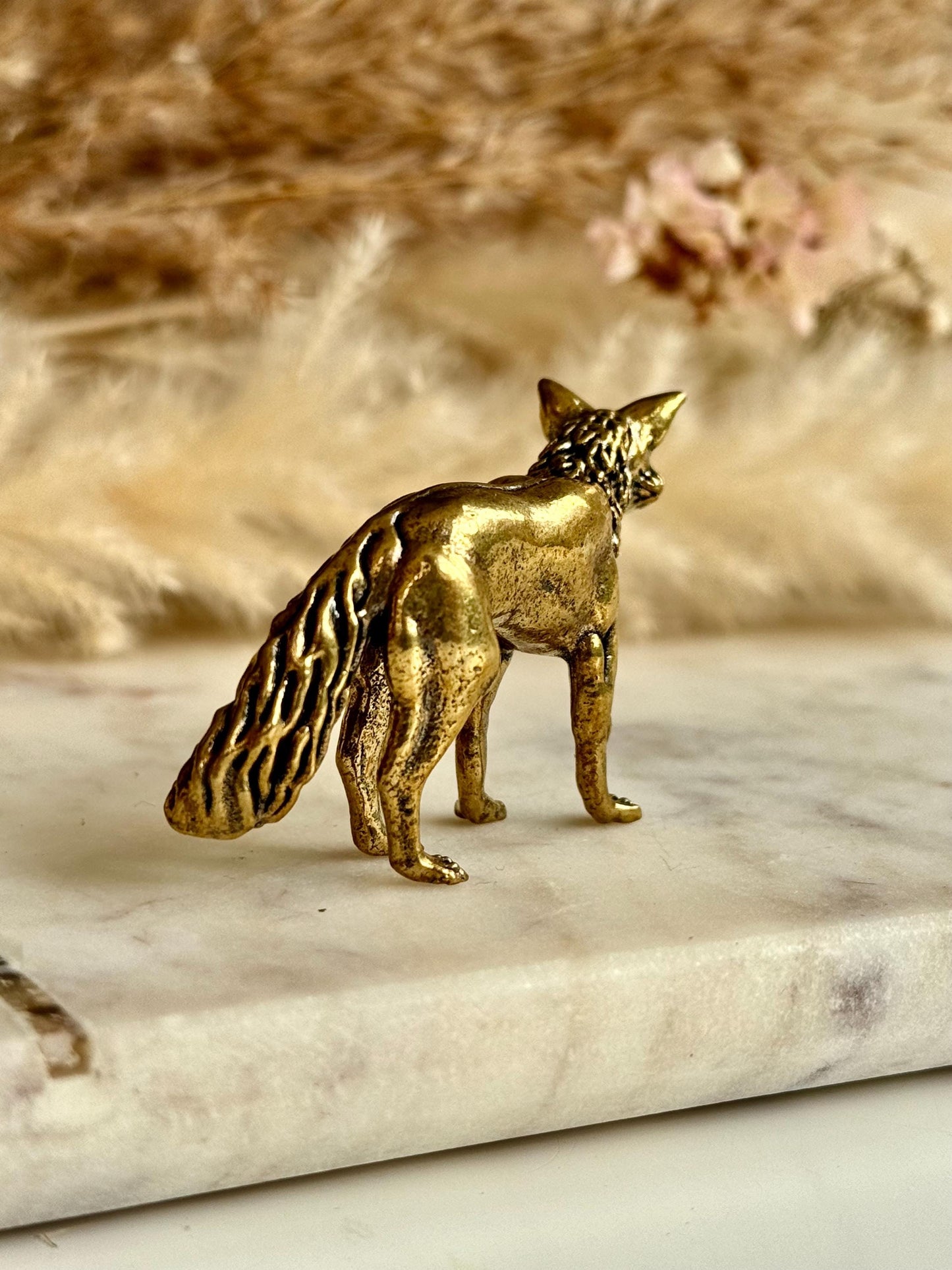 Fine statuette of grey fox, solid brass fox figurine, wild life desktop decoration, brush stand, creative little fox gift