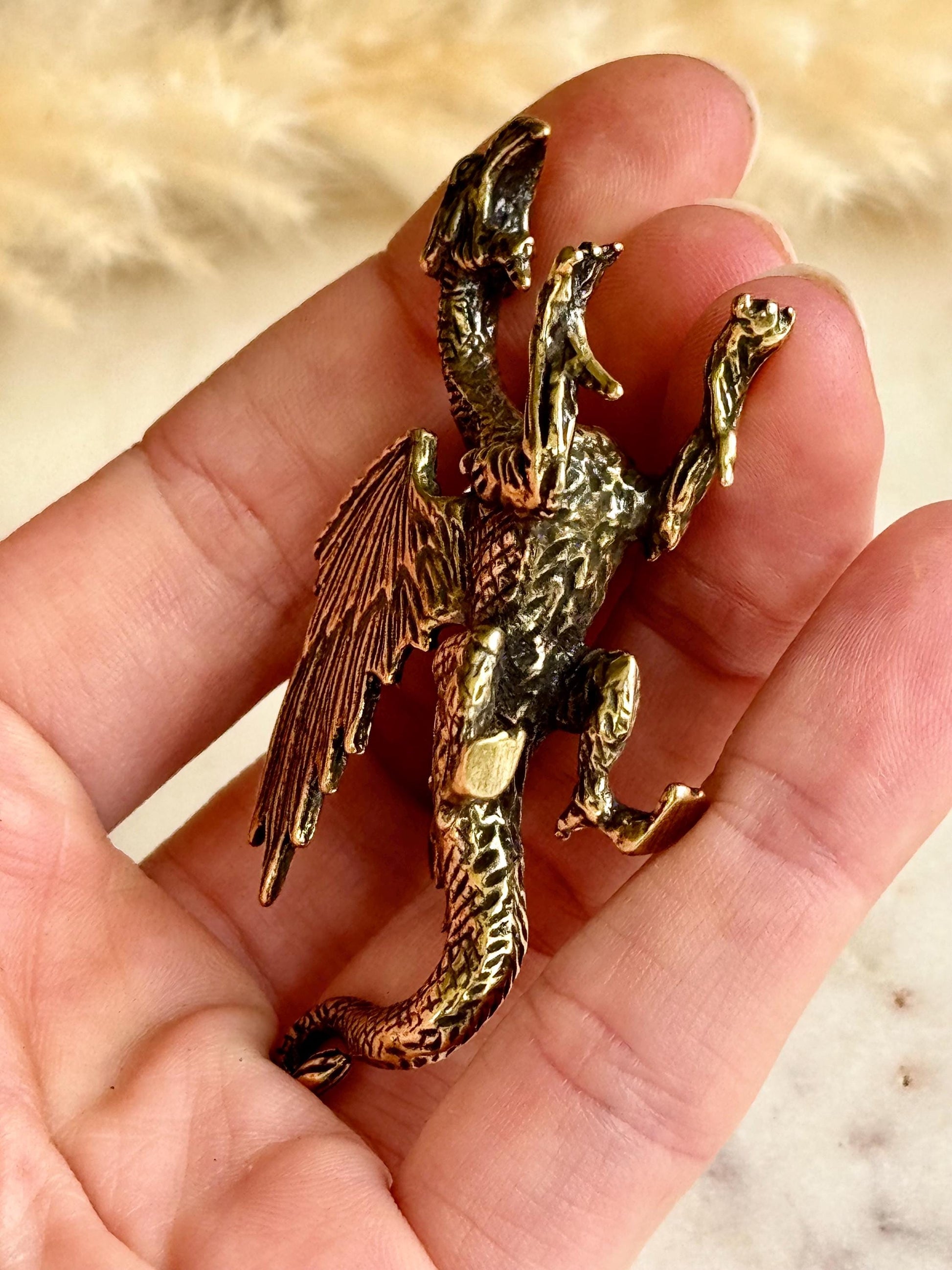 Dragon breathing fire solid brass miniature, Western dragon Statue, golden dragon statuette, Beautiful fighting dragon ornament
