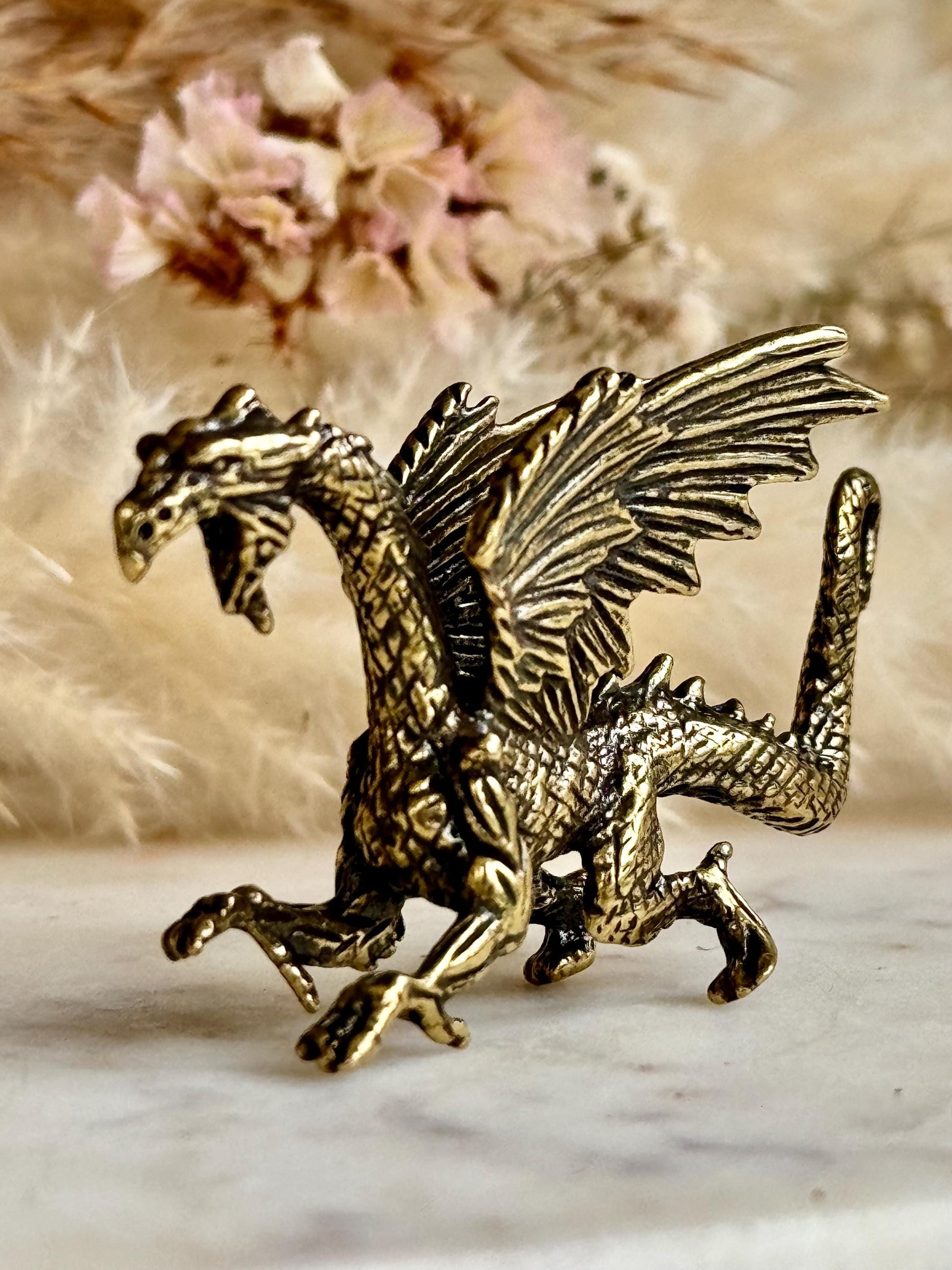 Dragon breathing fire solid brass miniature, Western dragon Statue, golden dragon statuette, Beautiful fighting dragon ornament